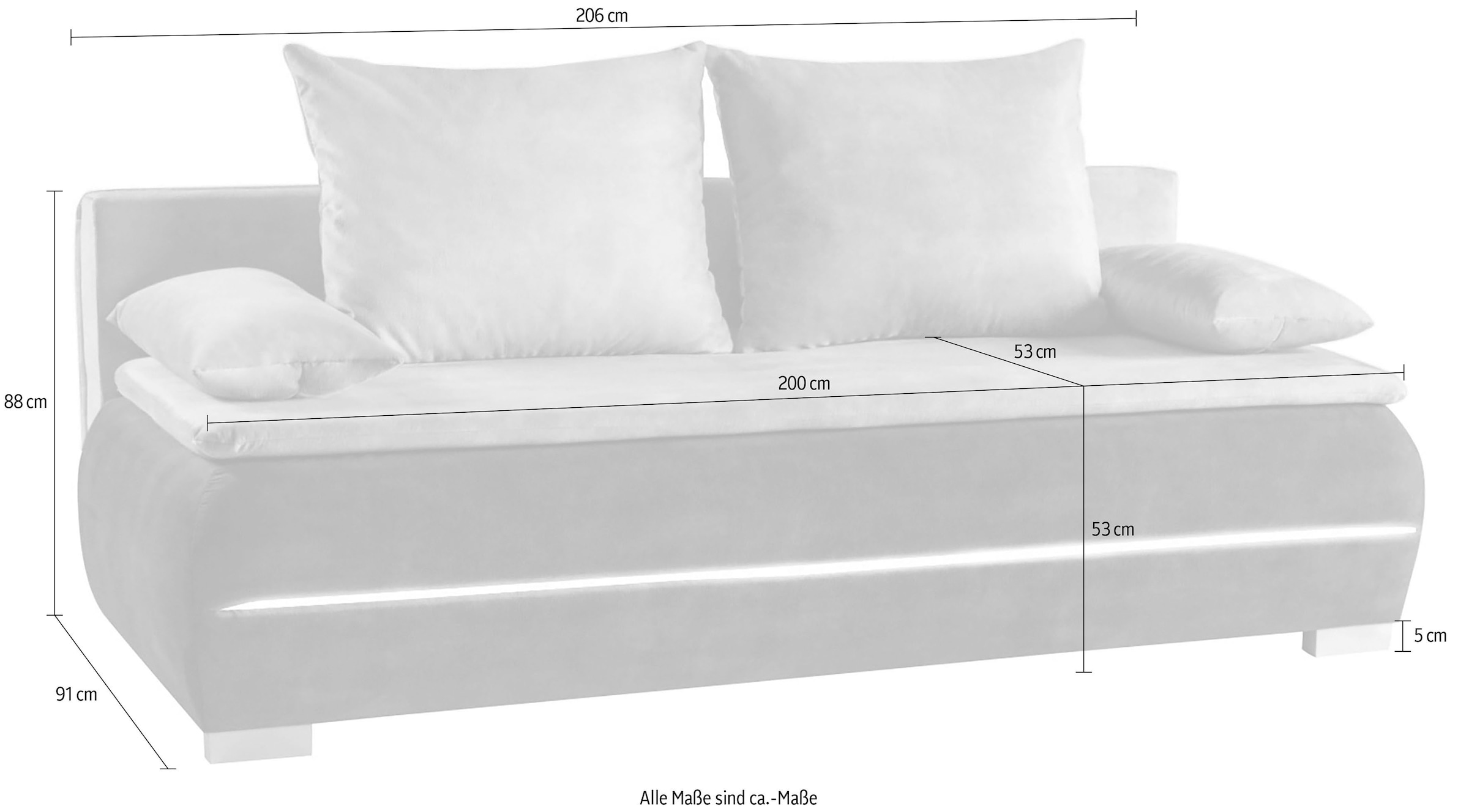 WERK2 Schlafsofa »Tekla 206 cm breit LED modern, Wellenunterfederung« Veloursstoff, Schlaffunktion, Bettkasten, LED-Beleuchtung