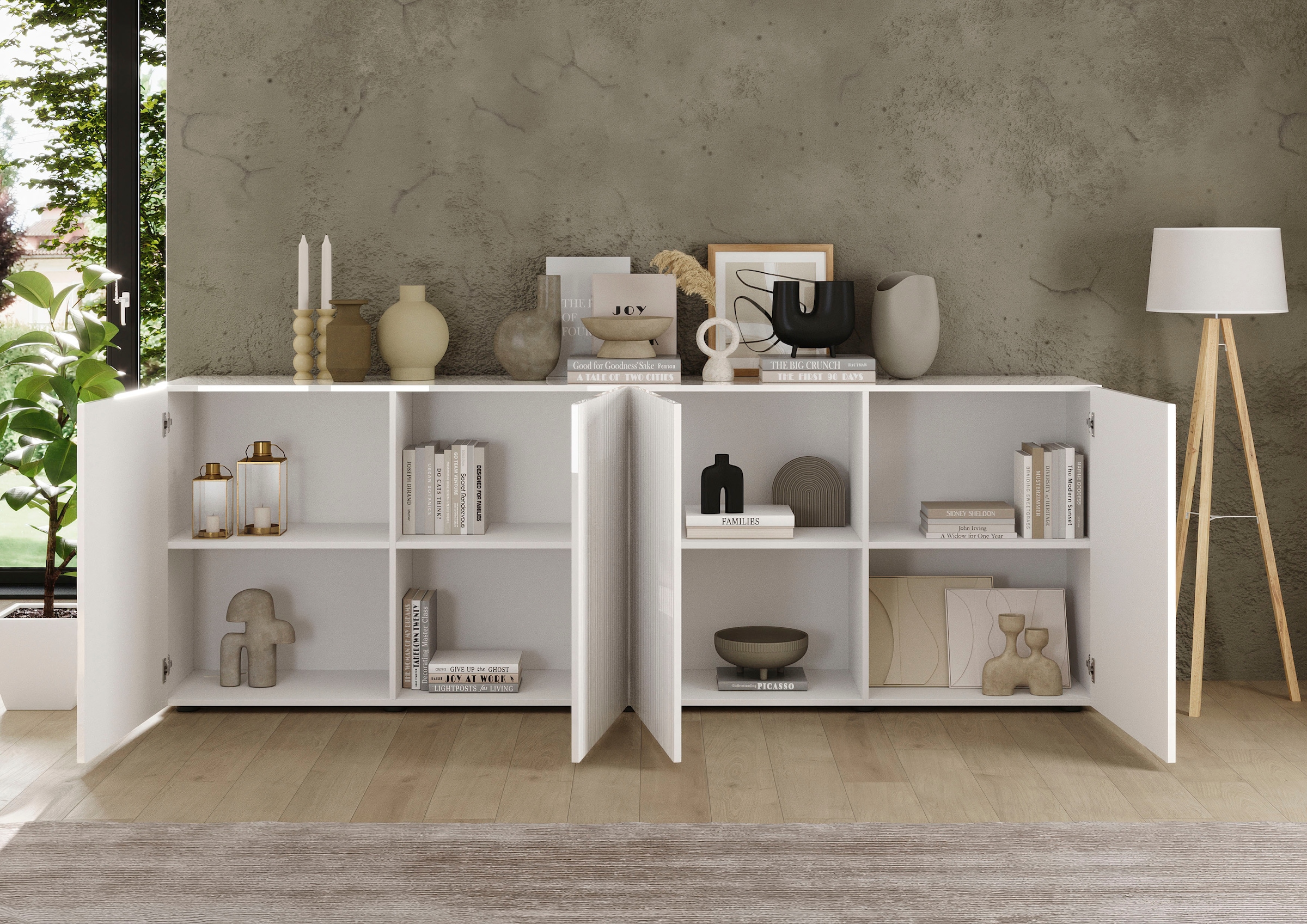 INOSIGN Sideboard »Rio Breite 240 cm, Kommode mit 4 Türen, Anrichte,« geriffelte MDF-Fronten, modern u. elegant, viel Stauraum