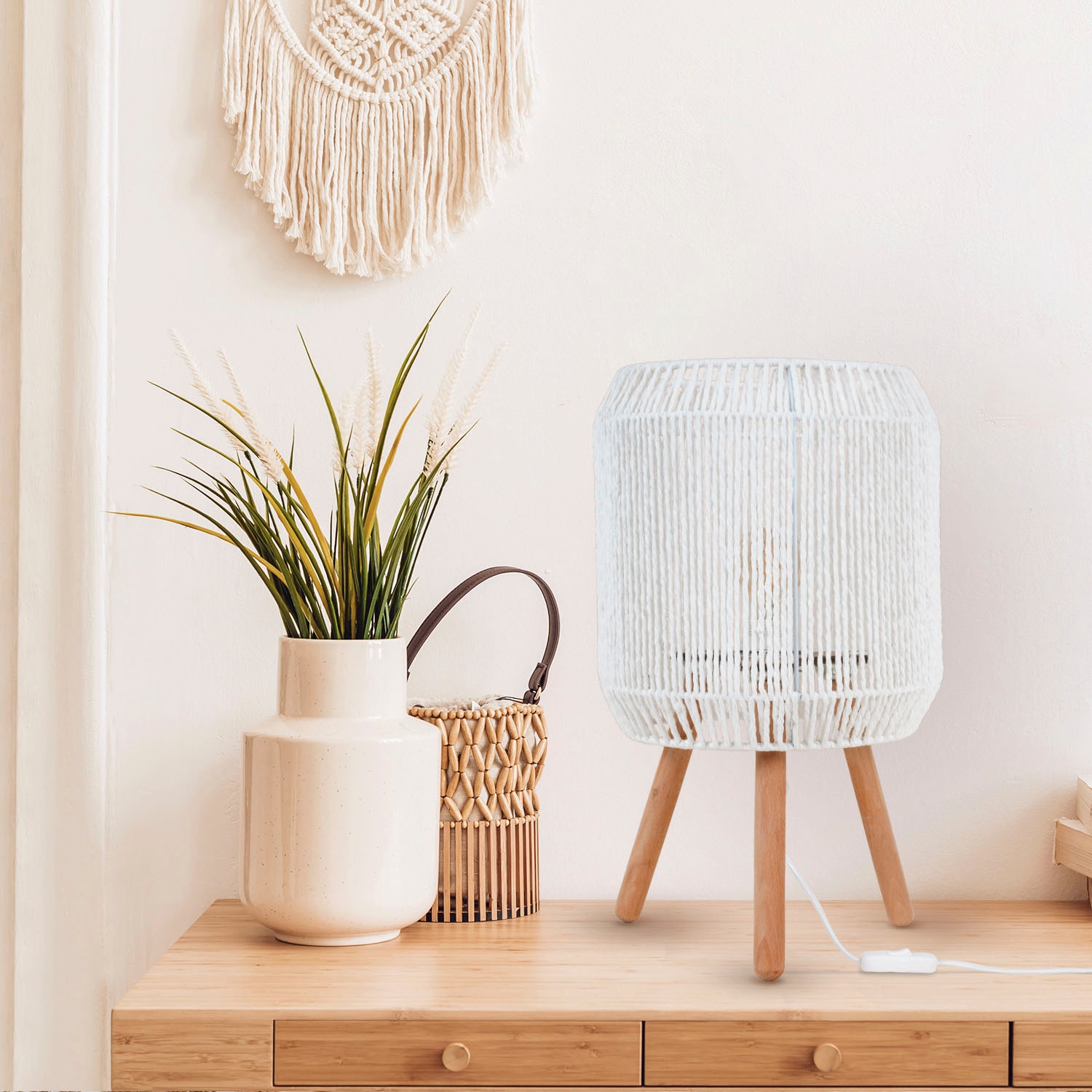 Paco Home Tischleuchte »SOL«, Leuchtmittel E27 | ohne Leuchtmittel, Boho Deko Lampenschirm Korb Holz E27