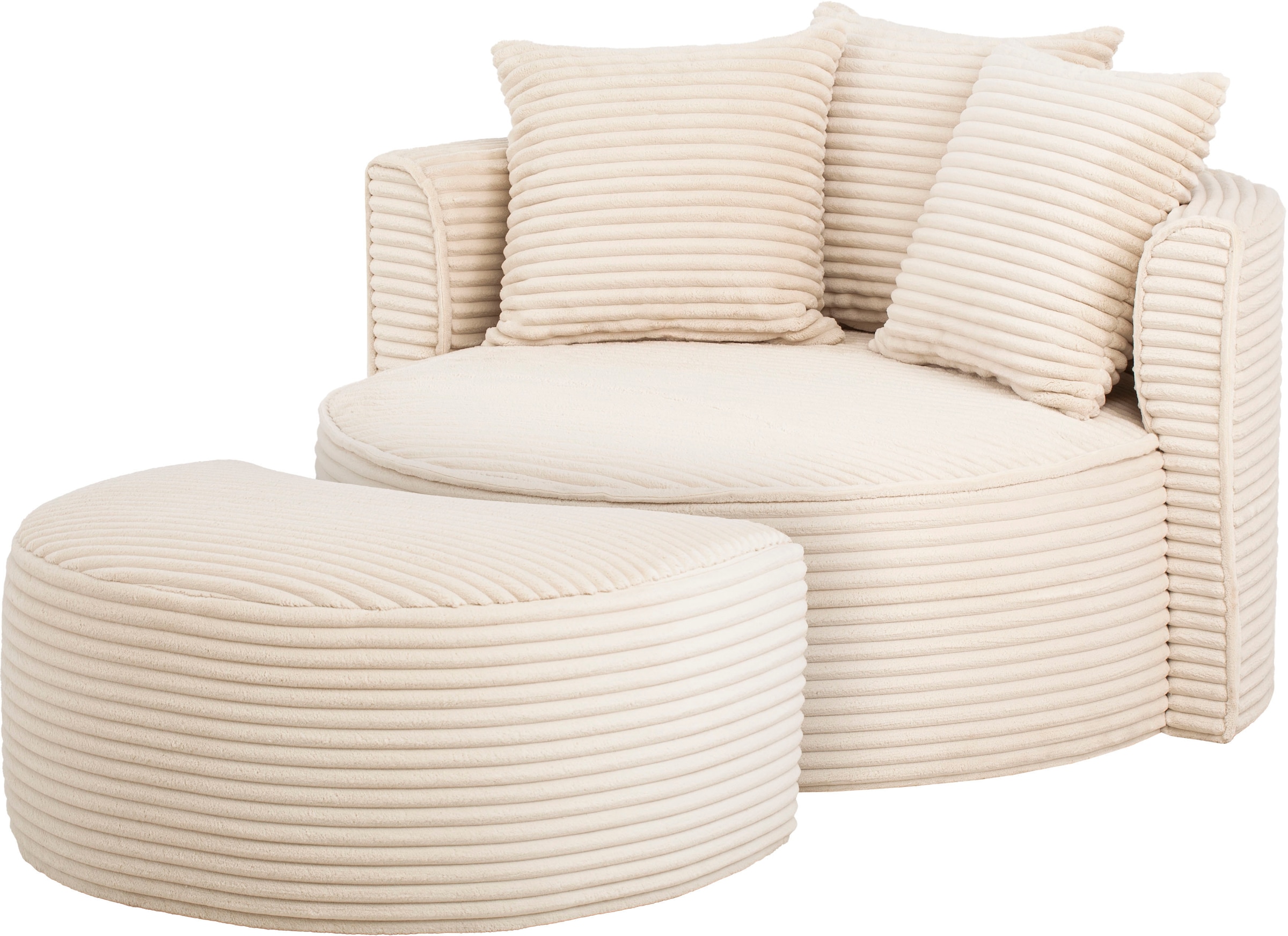 LeGer Home by Lena Gercke XXL-Sessel »Isalie, Rundsessel mit Hocker, Lesesessel, Loveseat, Big-Sessel«, (Set), trendige Stoffe, mit 3 Zierkissen, große Sitzfläche