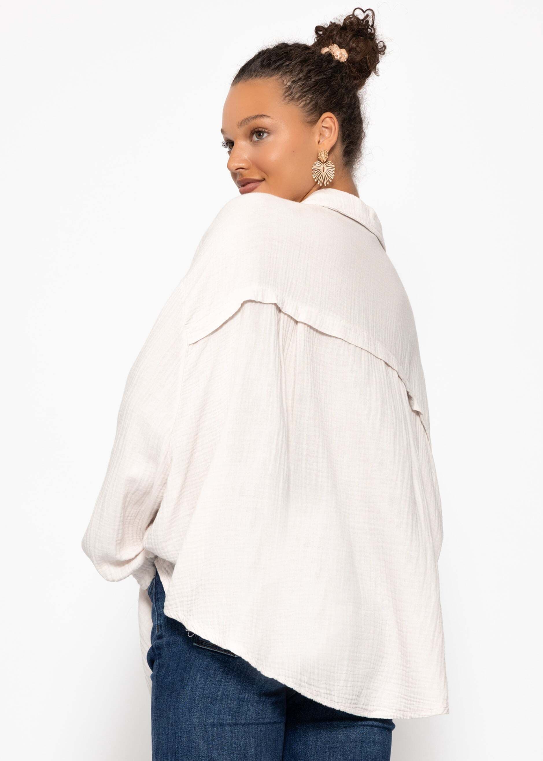 SASSYCLASSY Blusentop »Musselin Blusen Set« Gemütliche Baumwollblusen mit Perlmuttknöpfen Hellgrün-Hellbeige