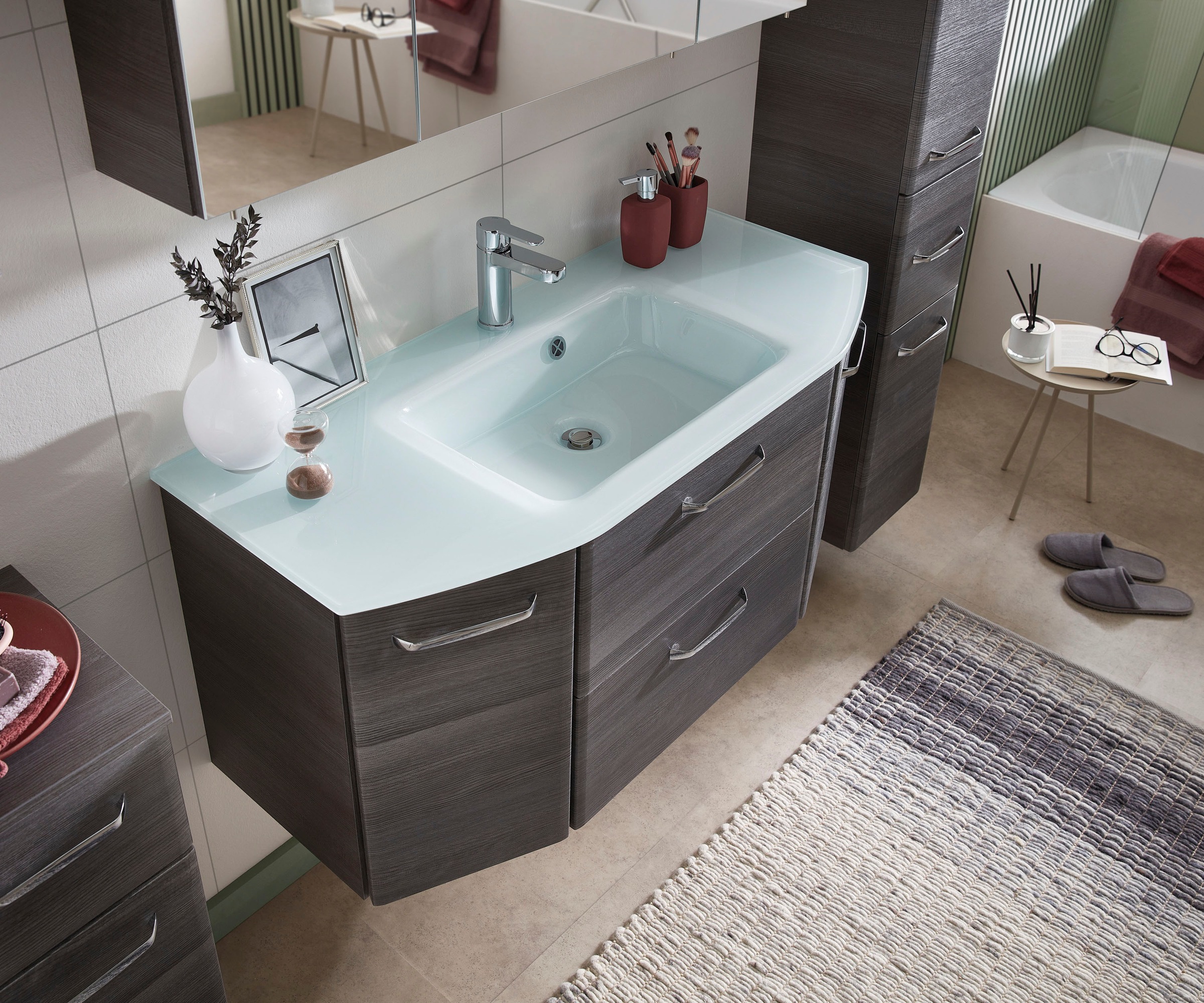 Saphir Badmöbel-Set »Quickset 4-teilig, Glaswaschtisch und LED-Spiegelschrank« 5 Stk. tlg.