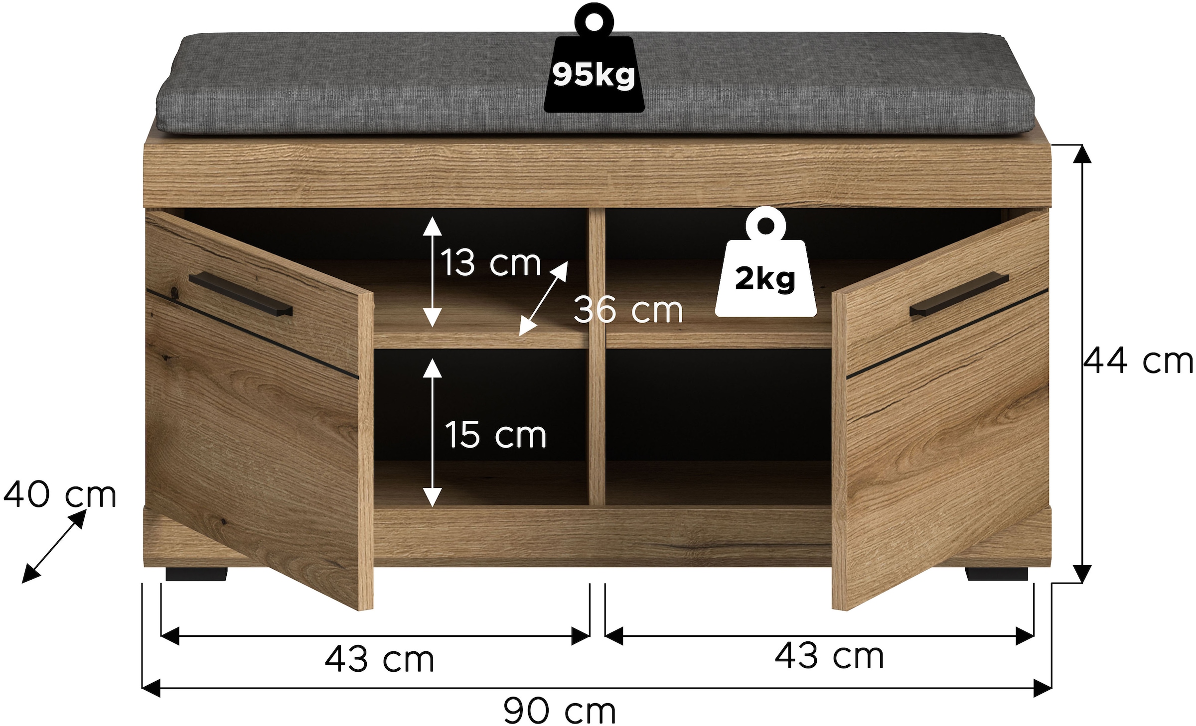 INOSIGN Sitzbank »SIENA, Breite 90 cm, 2 Türen, 2 Einlegeböden, 4 Fächer« hochwertige Rillenfräsung in MDF Front, 1 Stk. tlg. Garderobenbank, Dielenbank, Bank, Flurbank, Kommode