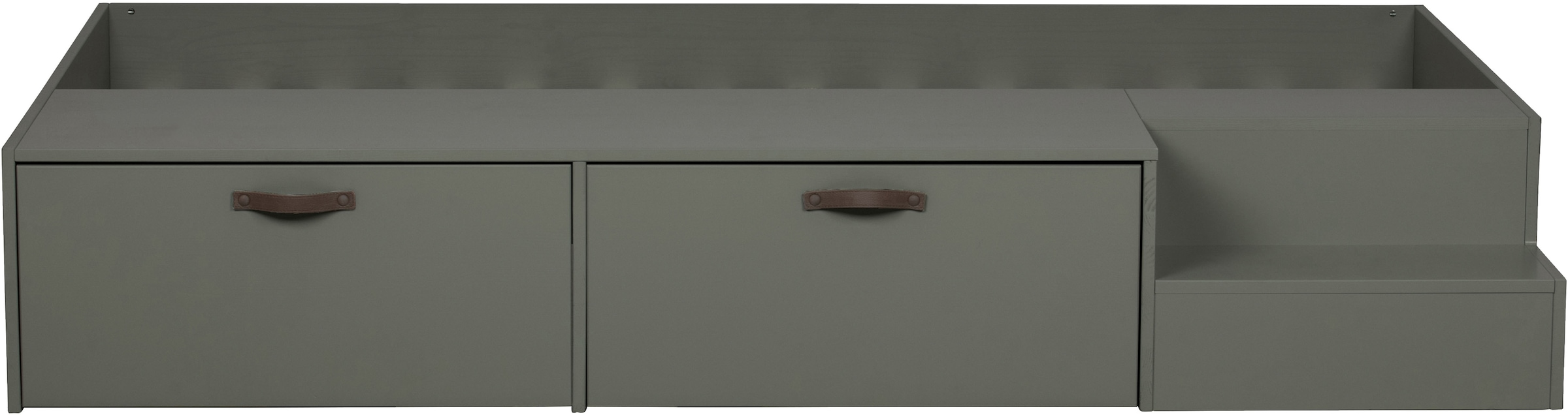 WOOOD Stauraumbett »Stage Massivholz FSC®-Kiefernholz mit Trittstufen 204 x 131 x 35 cm« Rollauszüge mit Ledergriff, breite Holzkante, Matratzenmaß 80x200 cm