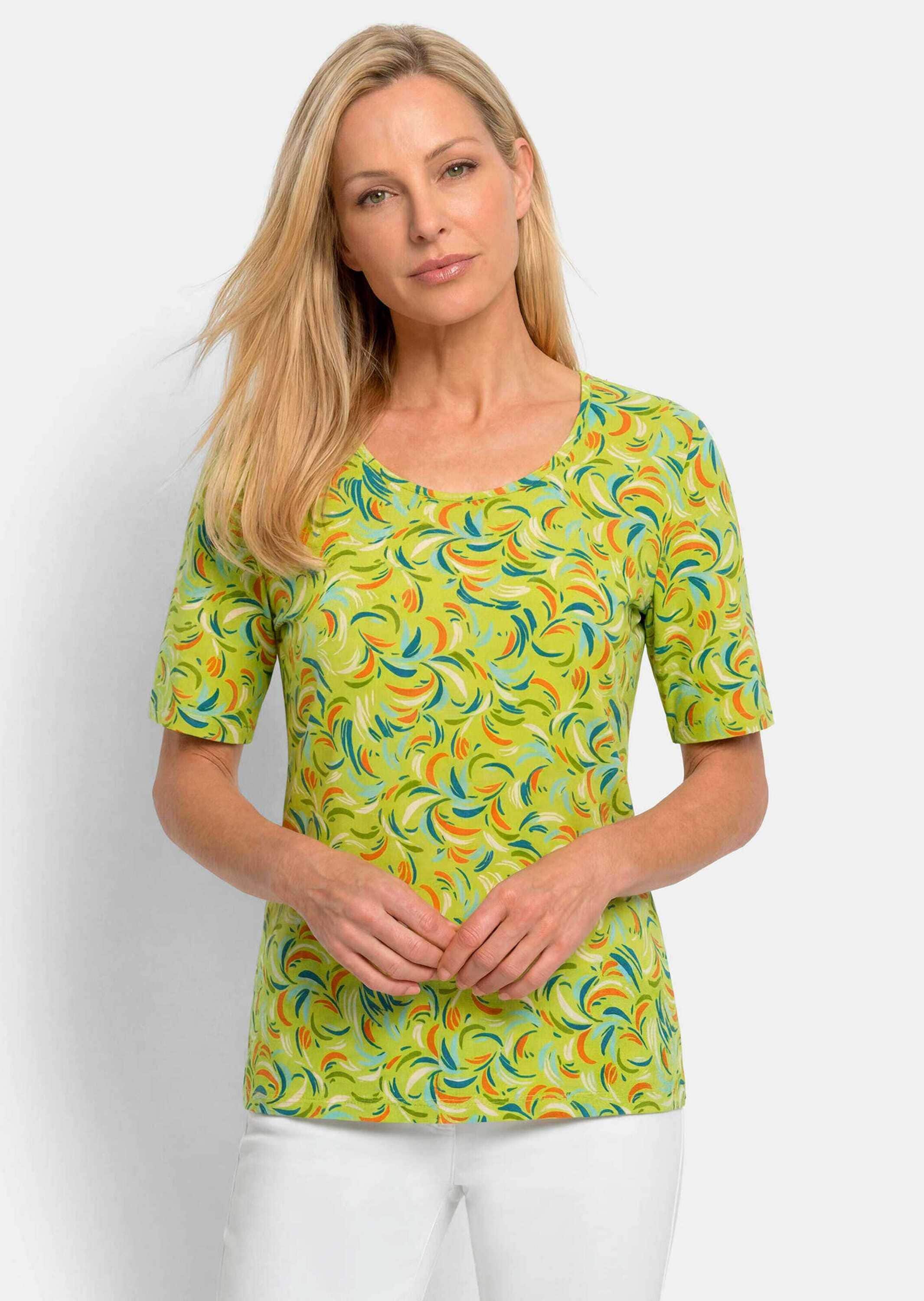 GOLDNER Kurzarmshirt »Kurzgröße Viskoseshirt mit frischem All-over-Print« stretchbequemer Viskosejersey