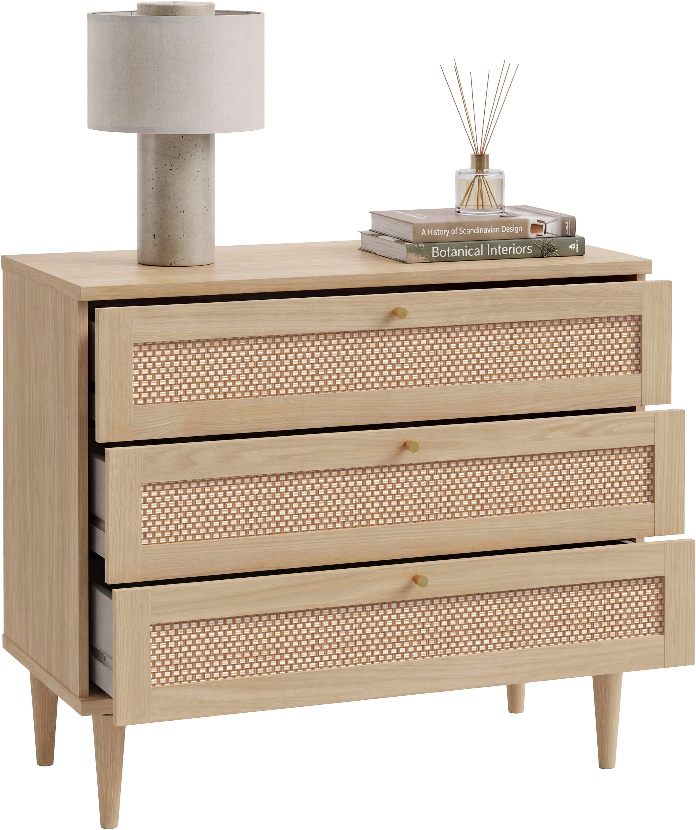 OTTO home Kommode »ELLIAN mit Geflechtoptik warmes Holzdekor, 3 Schubkästen« Holzfüße, Metallgriffe, Made in EU, viel Stauraum
