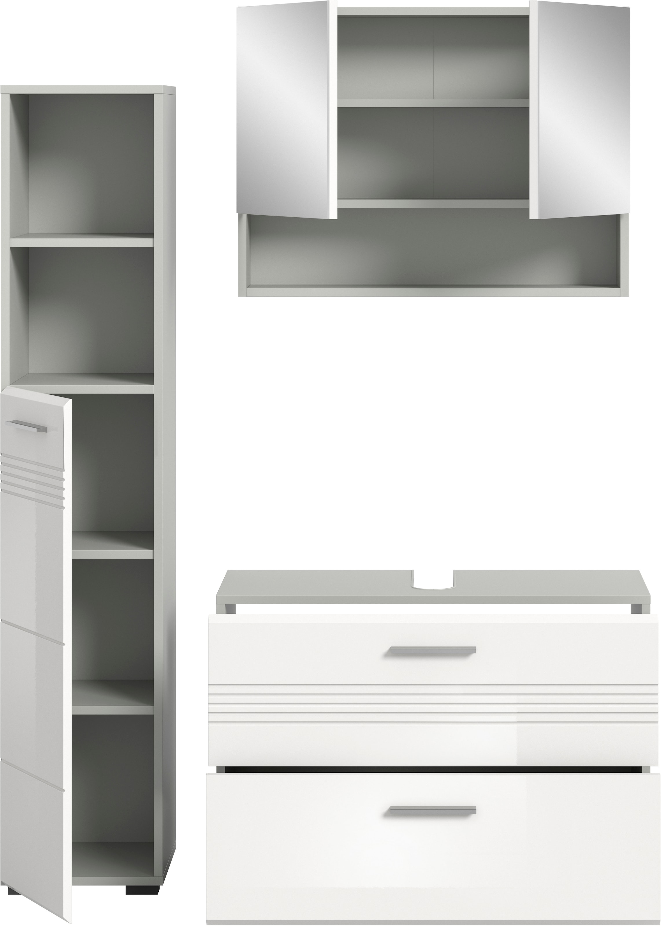 welltime Badmöbel-Set »Calicio, bestehend aus:Waschbeckenunterschrank,Hoch-und Spiegelschrank«, (3 St.), Spiegelschrank, hochwertige MDF Front mit Rillenfräsung