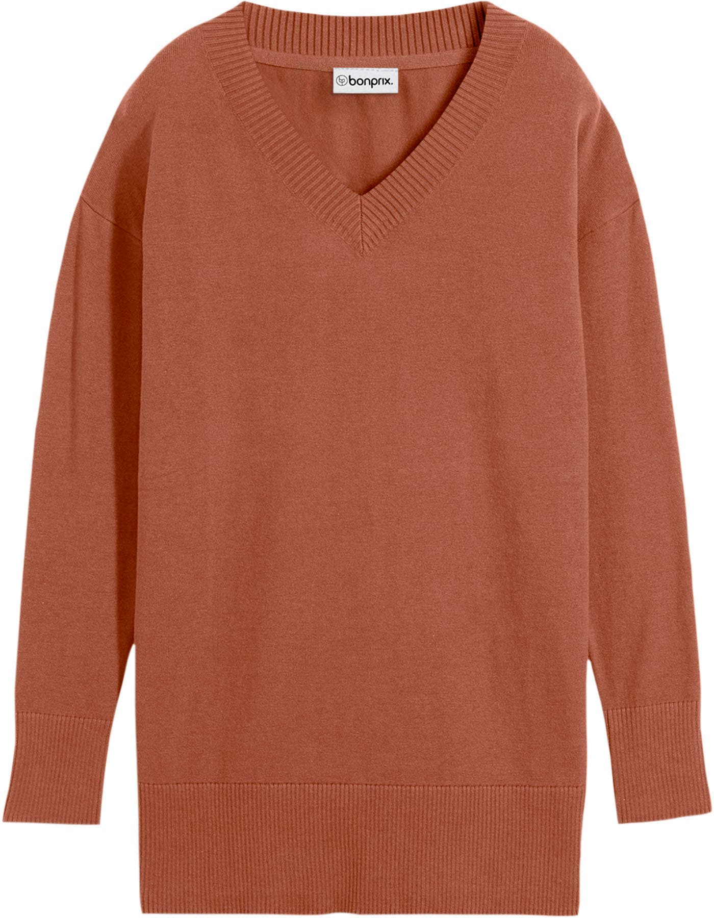 bonprix Longpullover »Long-Pullover« aus Baumwolle und Polyamid, mit V-Ausschnitt, mit Seitenschlitzen