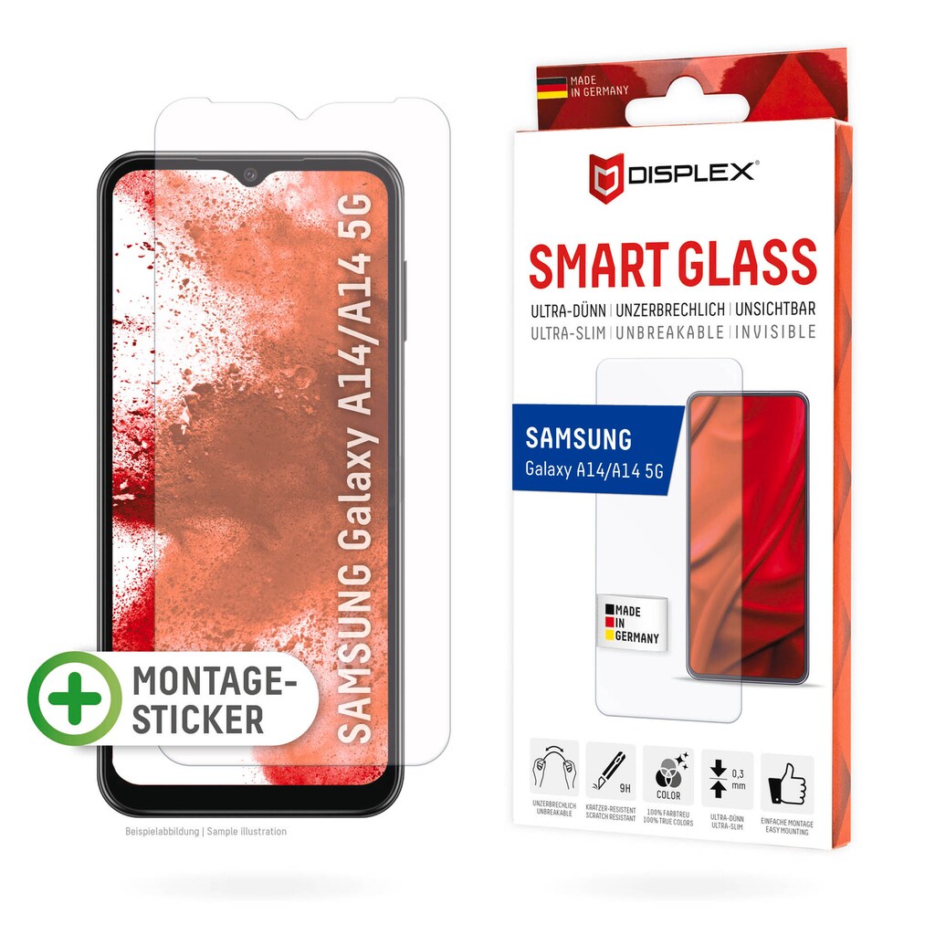 Displex Displayschutzglas »Smart Glass«, für Smartphone Samsung Galaxy A14/A14 (5G), Displayschutzfolie Displayschutz kratzer-resistent 9H unzerbrechlich