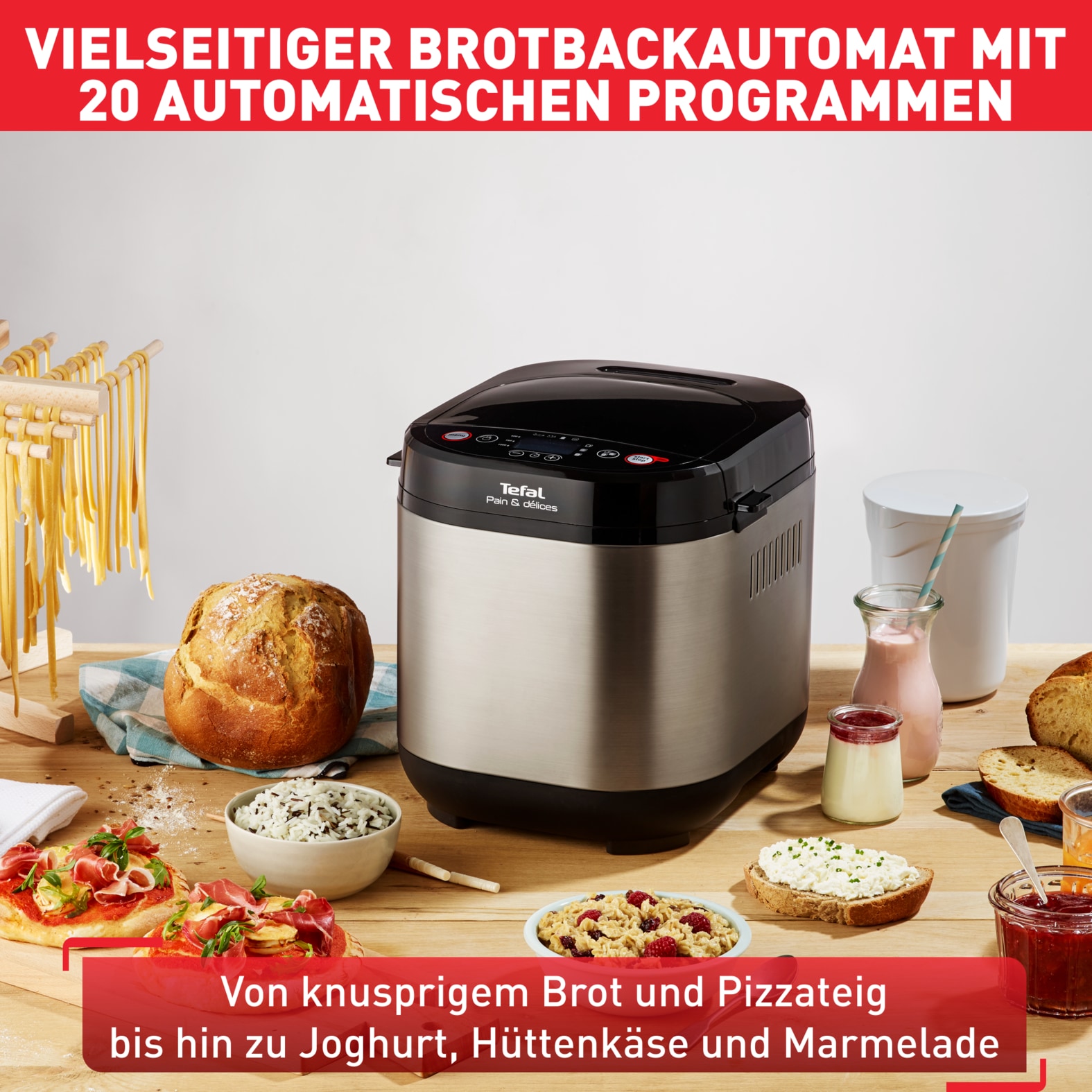 Tefal Brotbackautomat »Pain & Délices, 20 Backprogramme, 3 Brotgrößen und Bräunungsgrade«, 20 Programme, 610 W, auch für Pizza-/Nudel-/Kuchenteig, antihaftbeschichtete Form, PF240E