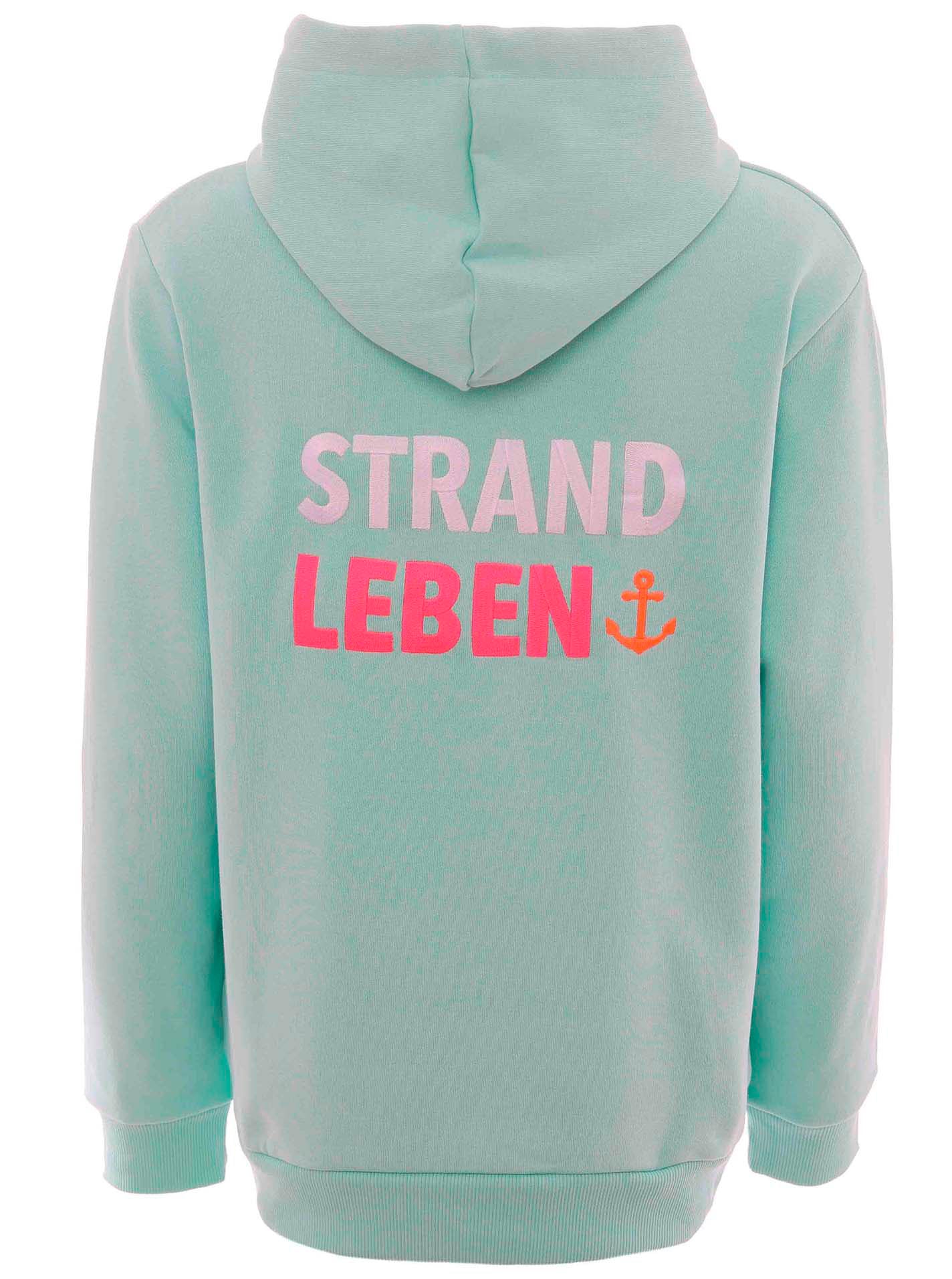 Zwillingsherz Sweatshirt, mit neonfarbenen Kordeln und aufgesticktem "Strand"-Schriftzug