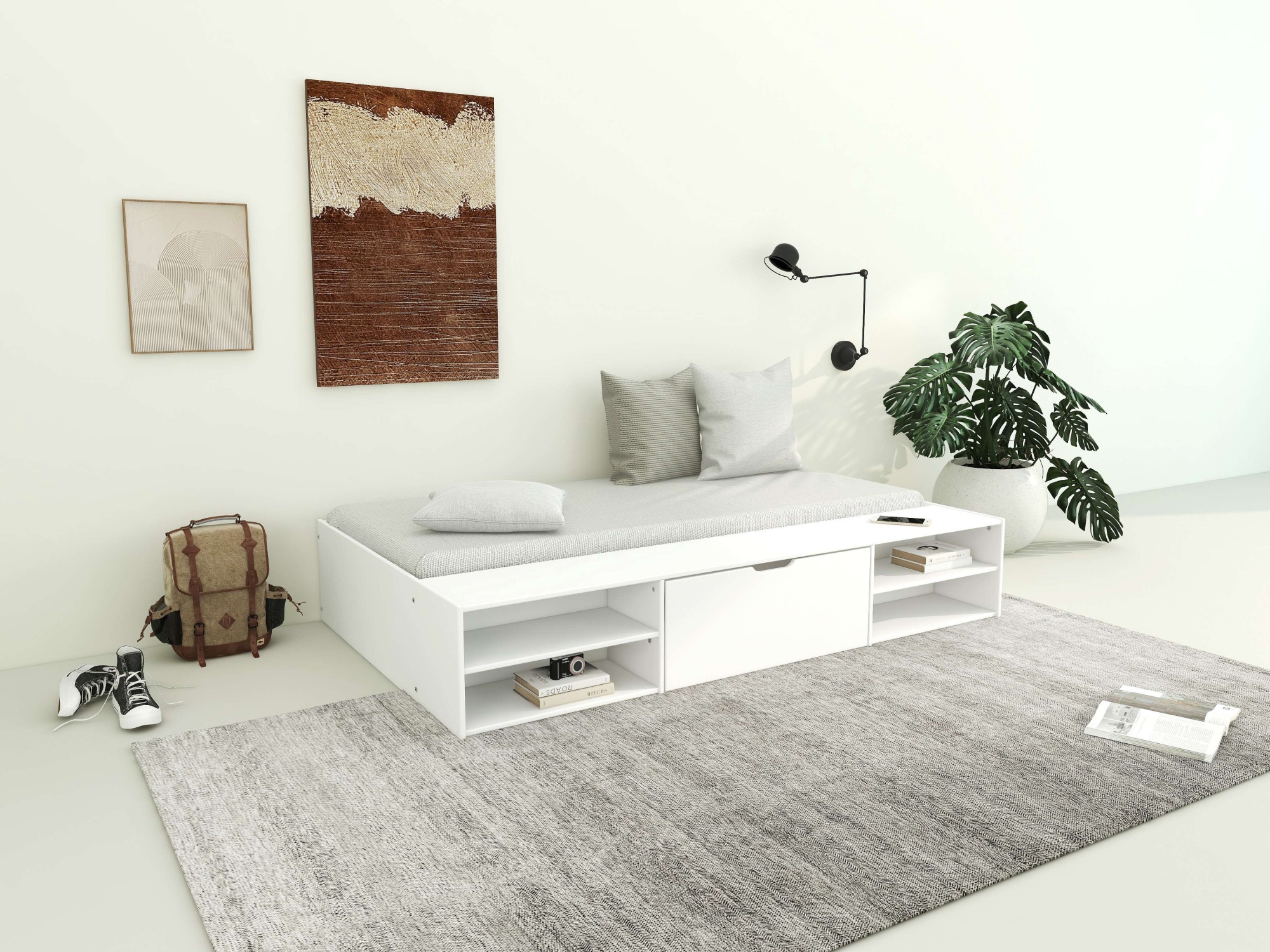 Home affaire Stauraumbett »Cavan, Jugendbett, Podestbett, Futonbett, Made in EU«, (Breite/ Belastbarkeit: 120cm/200 KG, 90cm/ 100KG), inklusive Lattenrost, viel Stauraum, breite Ablage, FSC® zertifiziert