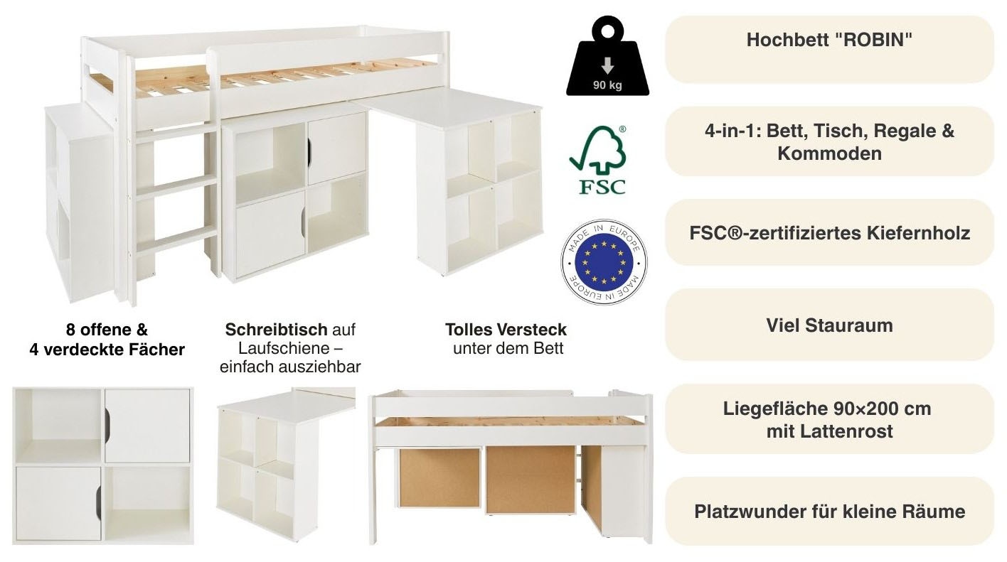 OTTO home Hochbett »"ROBIN "  Massivholz, viel Stauraum, seitenverkehrt montierbar« (4-tlg.), inklusive Schreibtisch und zwei Kommoden