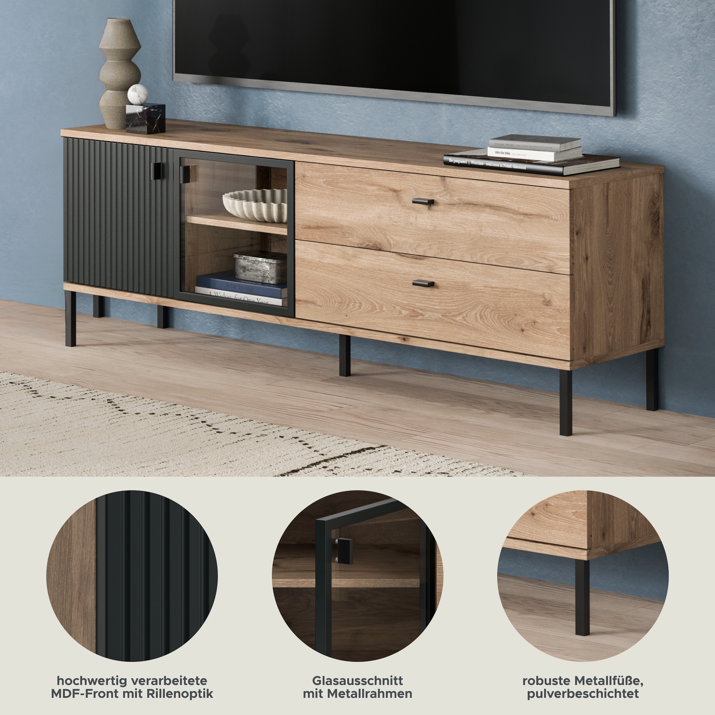 INOSIGN Lowboard »TREVERK, Breite: 154 cm, hochwertige MDF-Front schwarz tiefzieh« 1 Stk. tlg. Lowboard, Wohnzimmer, Esszimmer