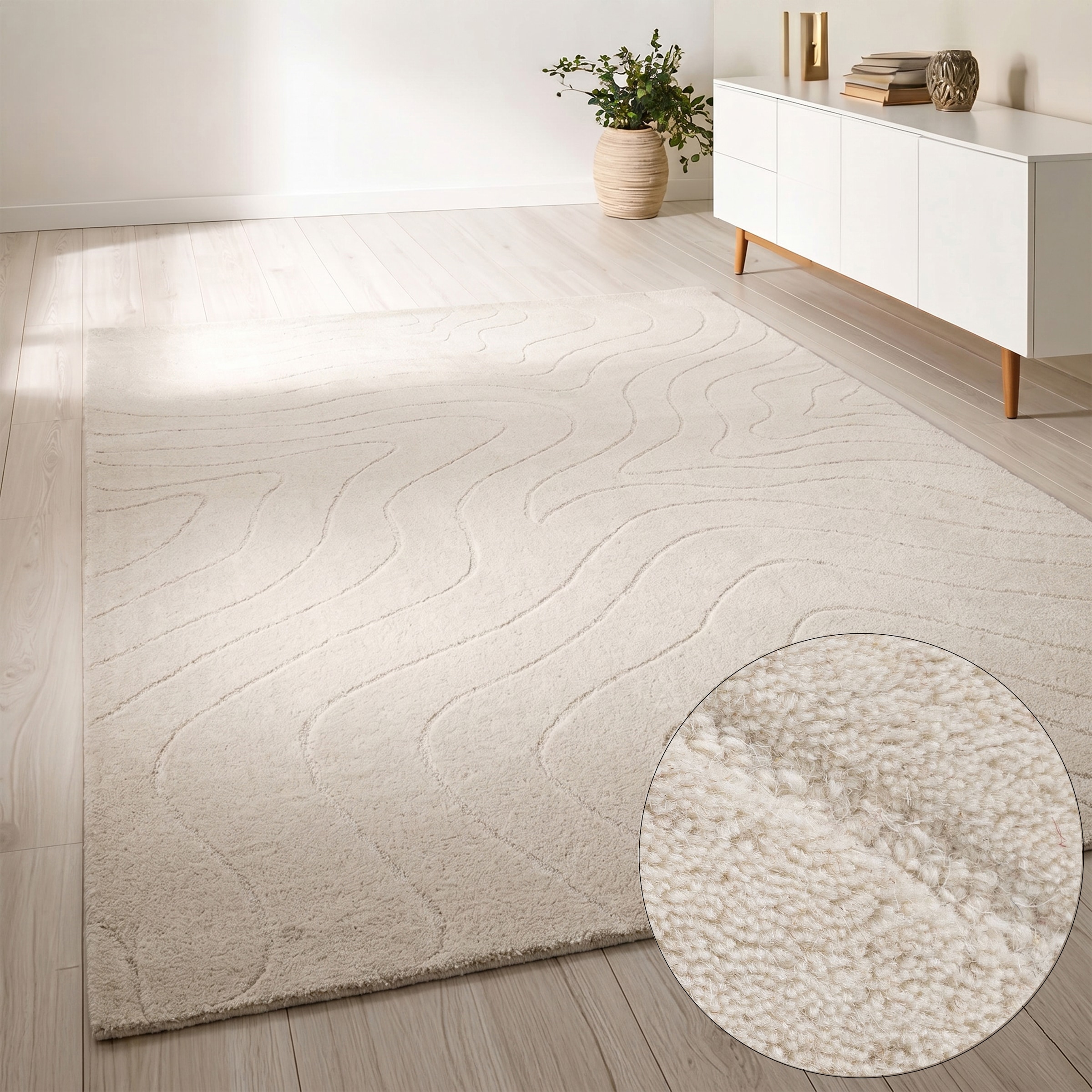 LeGer Home by Lena Gercke Wollteppich »Zarrah, mit Wellendesign, Linienmuster« rechteckig 14 mm Höhe reine Wolle, modern, Scandi, Wohnzimmer, Schlafzimmer, Esszimmer