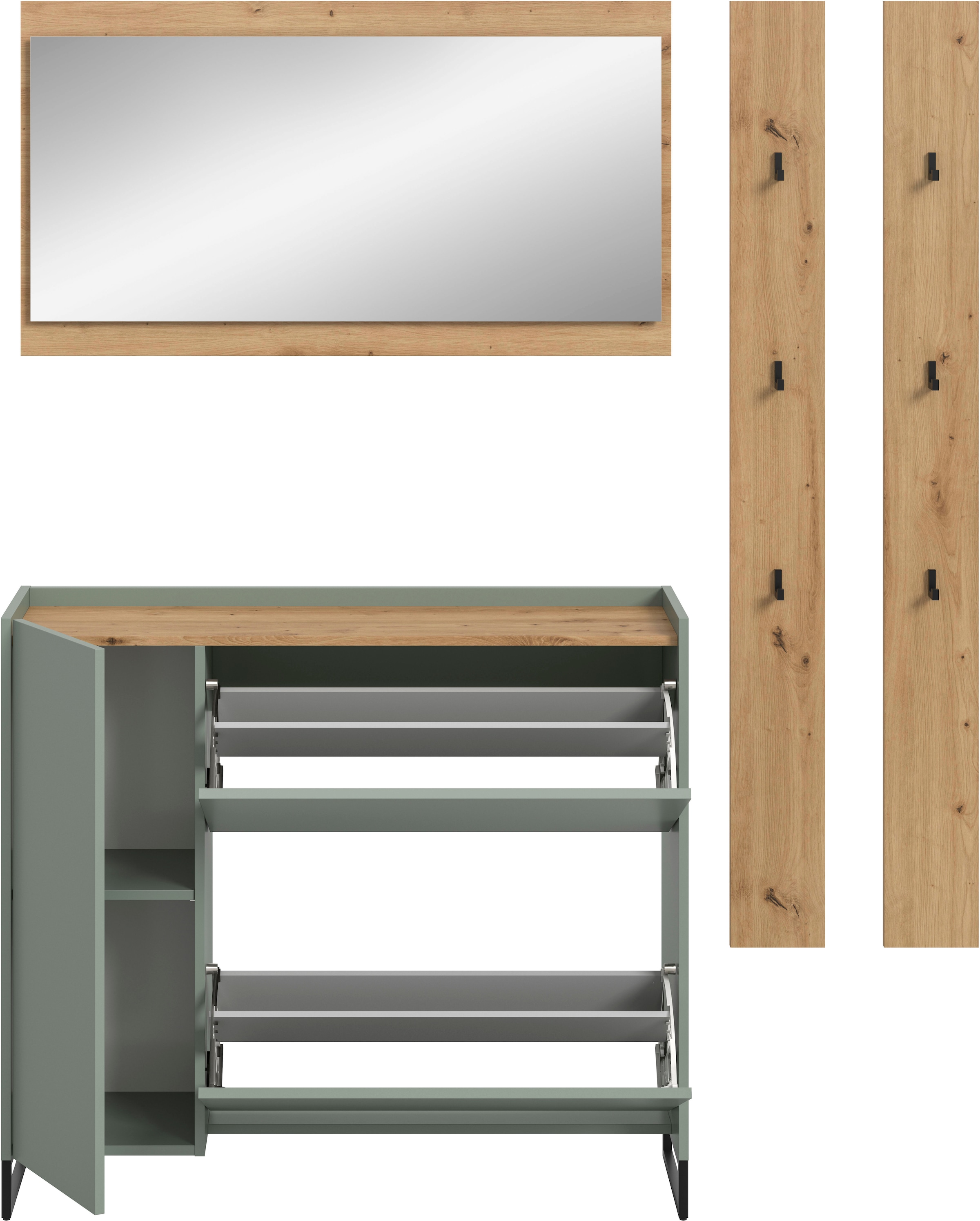 Home affaire Garderoben-Set »EVRID, 4-teilig, Breite 172 cm, individuell stellbar & erweiterbar« best. aus: Kommode, Spiegel & 2x Hakenleiste, 4 Stk. tlg.