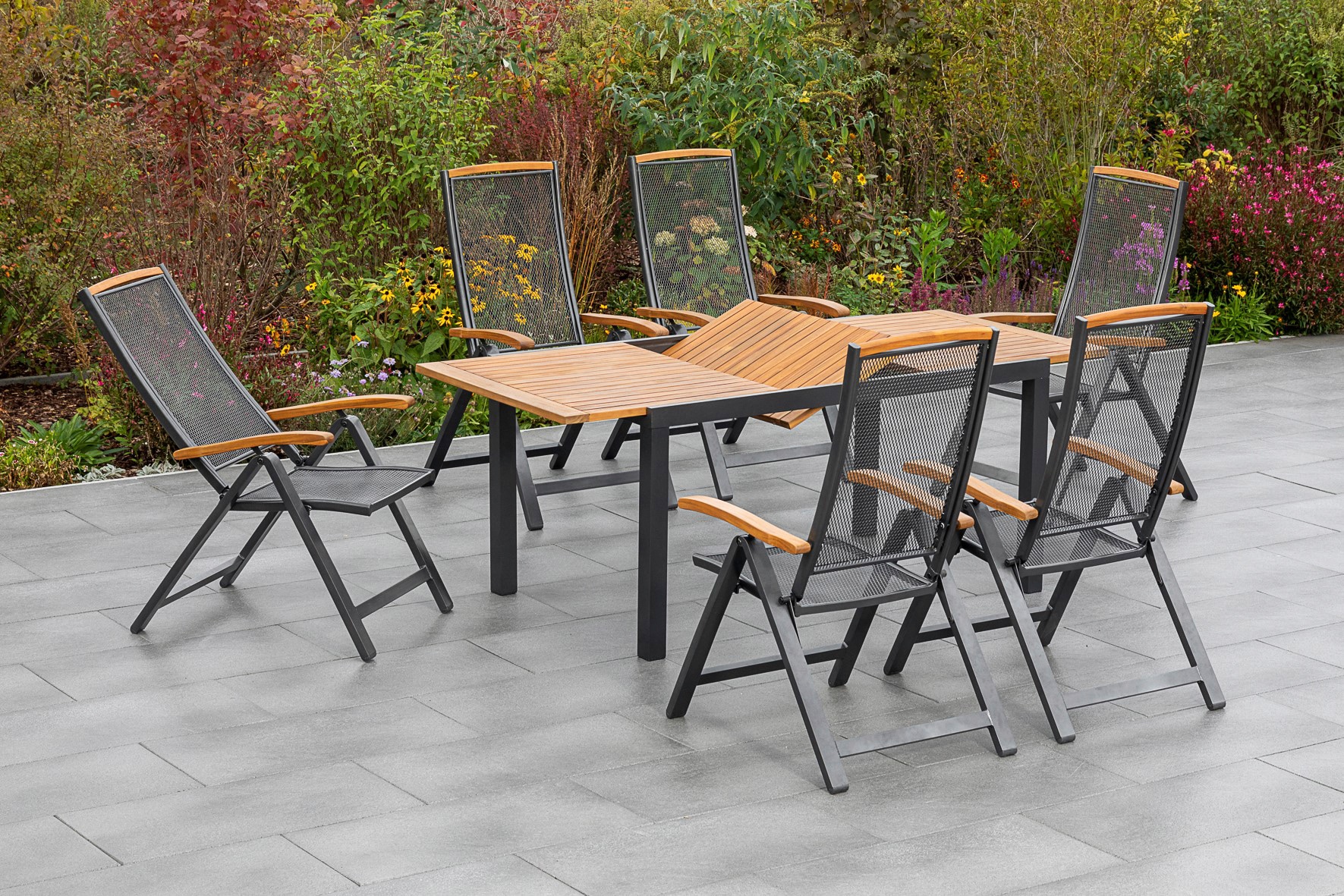 MERXX Garten-Essgruppe »Tilos«, (7 tlg.), 6 Klappsessel mit ausziehbarem Tisch