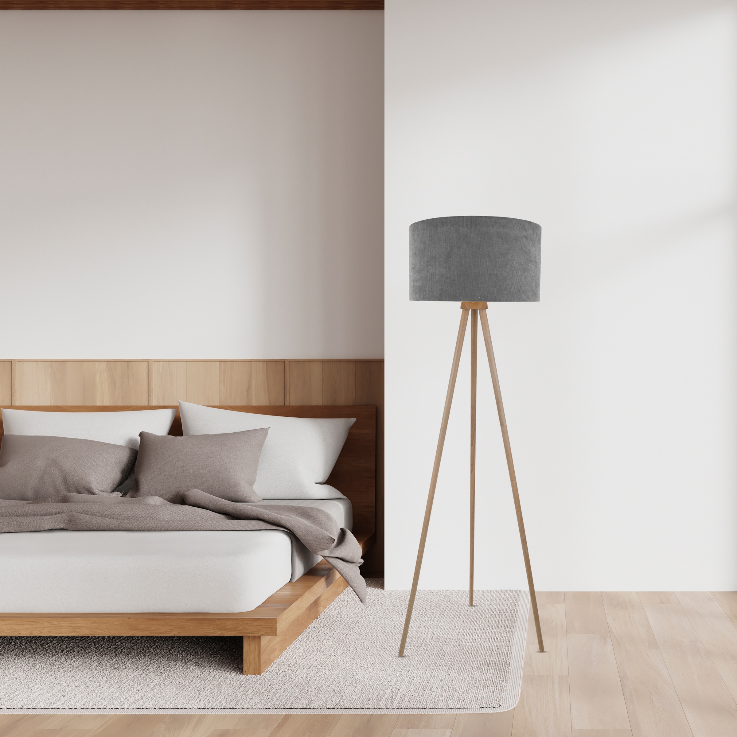 OTTO home Stehlampe »Torell - Dreibein Stehleuchte« E27 1 Stk. Schirm mit Cordbezug, Dreibein aus Holz, 1x E27 exkl., Zuleitung 300cm