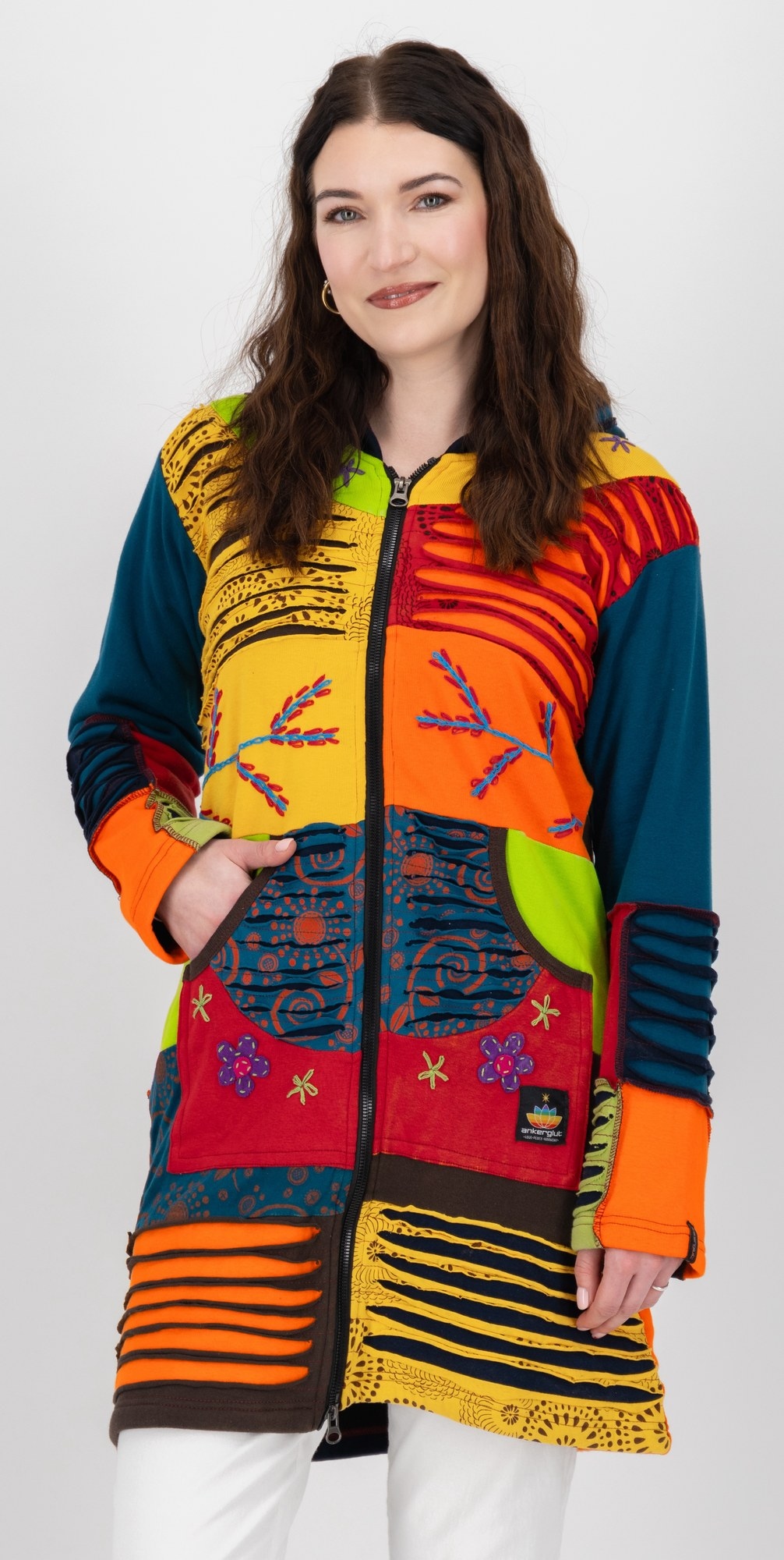 DEPROC Active Fleecejacke »Patchwork NUNAVUT LONG WMN« mit Kapuze auch in Großen Größen erhältlich