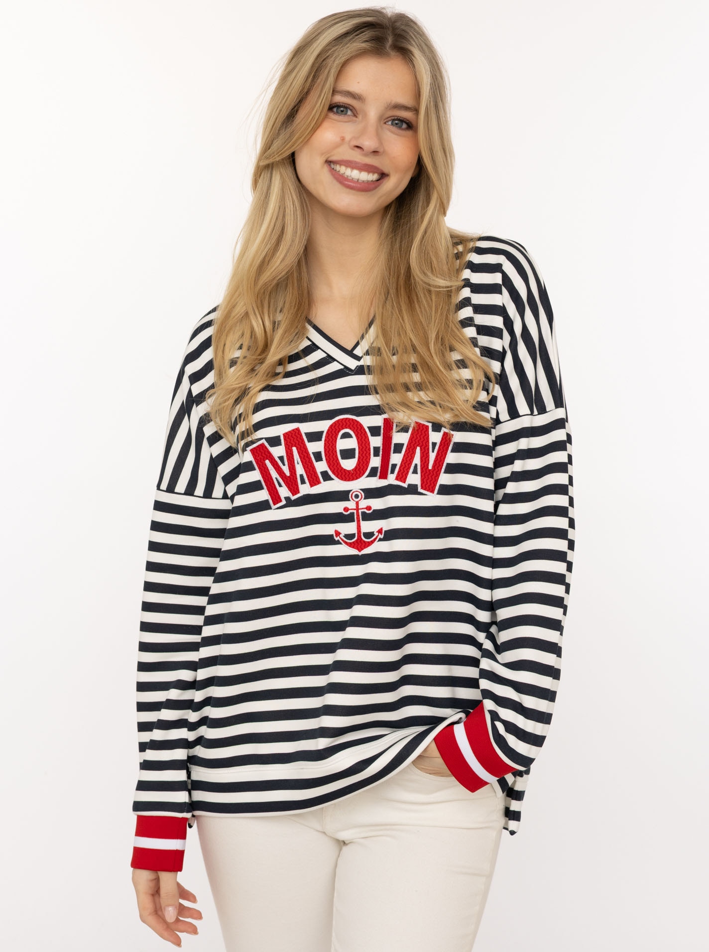 Zwillingsherz Hoodie »"Streifen Moin"«, V-Neck, gestreift, Stickerei mit Anker, gestreifte Bündchen
