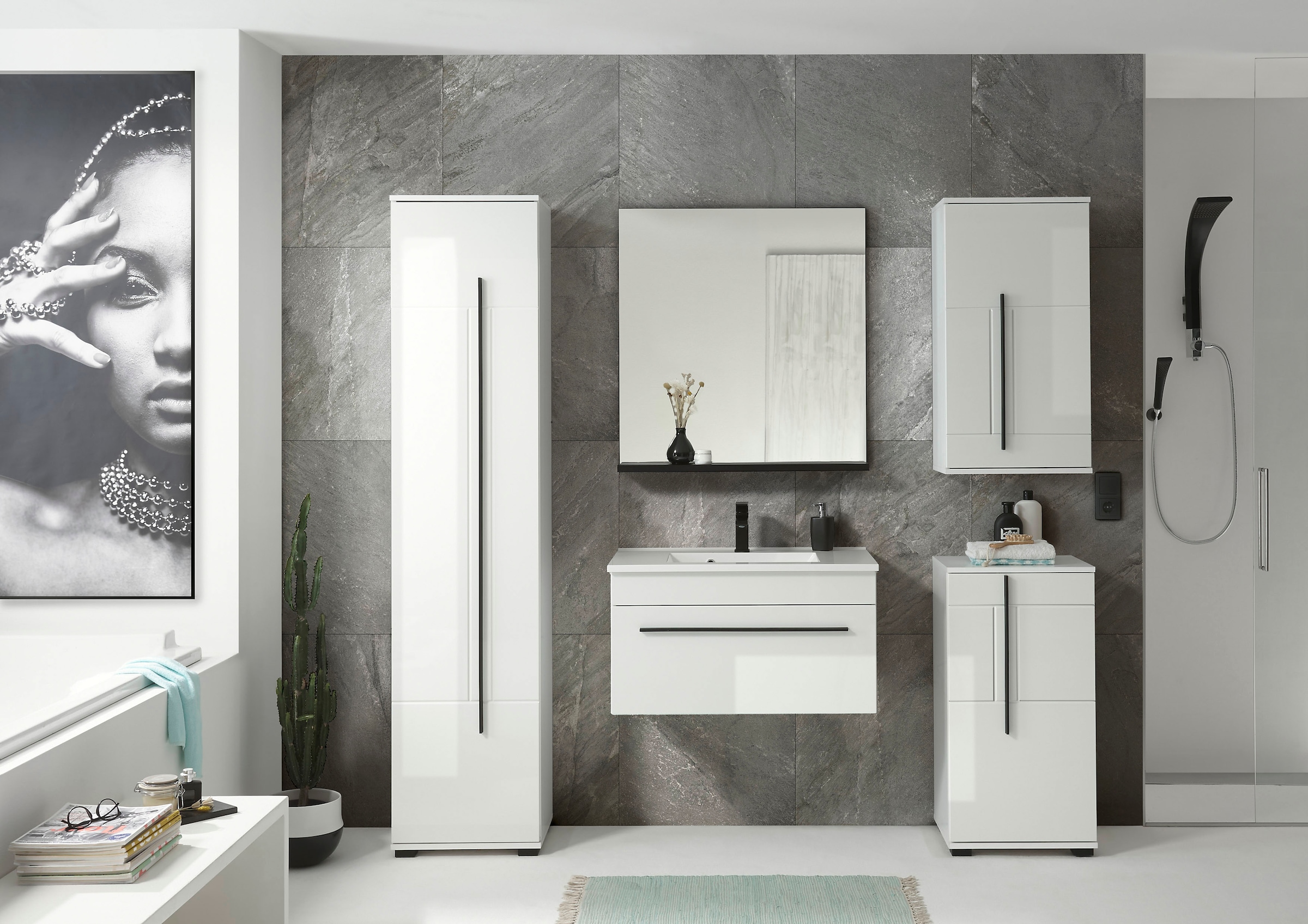INOSIGN Badmöbel-Set »Cantara, Bad im modernen Design, 5-teiliges Badezimmer«, (Set, 5 St.), Waschtisch, Schränke, Hängeschrank und Spiegel, in Weiß Hochglanz
