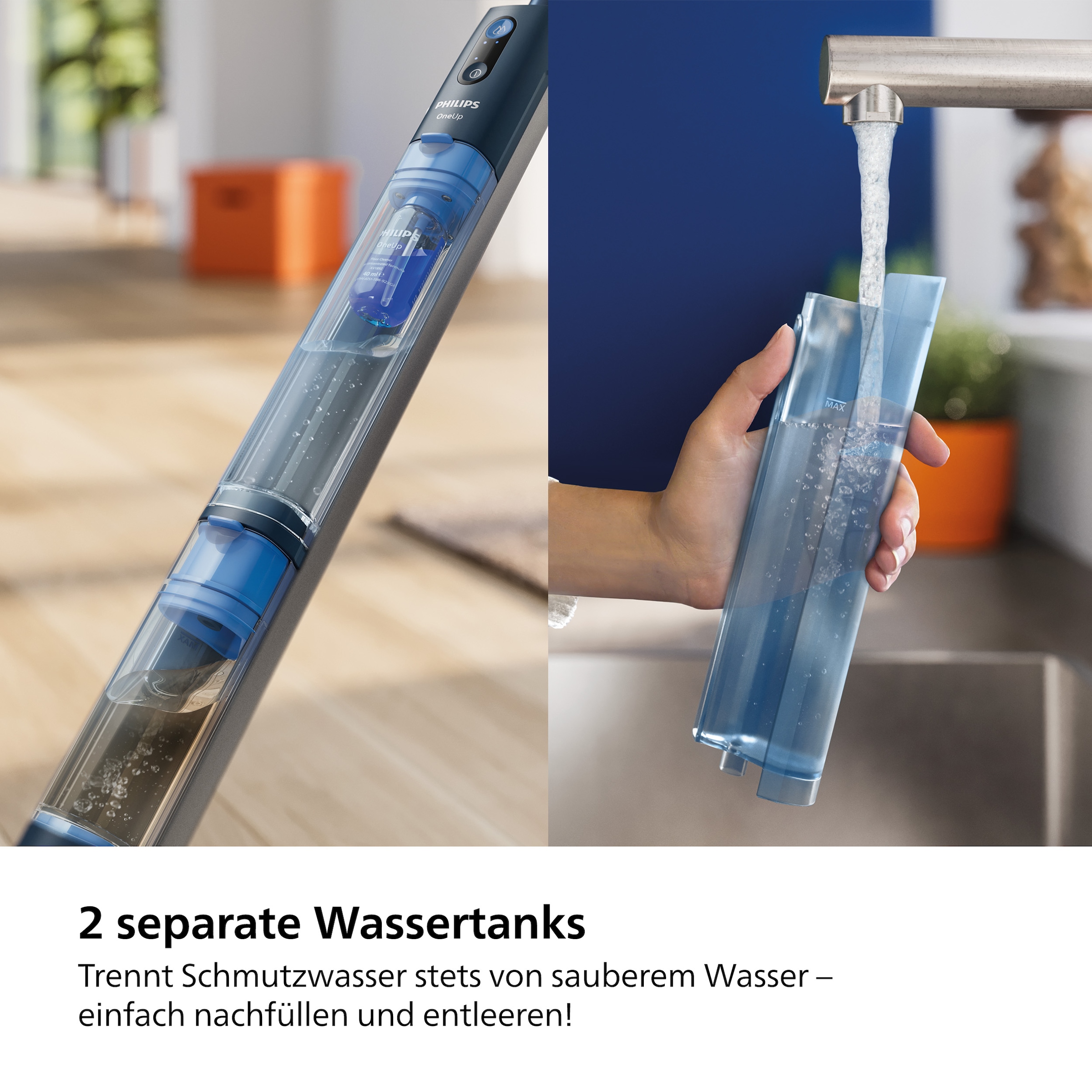 Philips Akku-Wischmopp »OneUp elektrischer Wischer 5000 Series XV5113/01, 70 min Akku-Laufzeit«, 125m² Reichweite, integrierte separate Wassertanks, nur 1,9kg