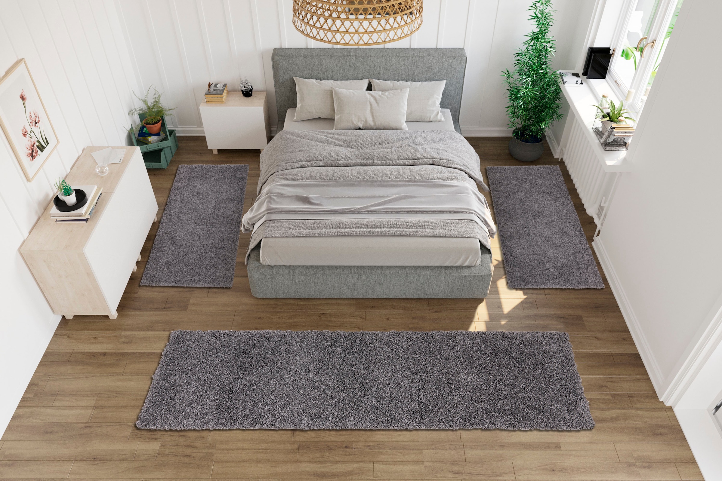 my home Bettumrandung »Shaggy 30« Höhe 30 mm 3 tlg. gewebt, 2- oder 3-teilig, Bettvorleger, Läufer-Set, Uni-Farben