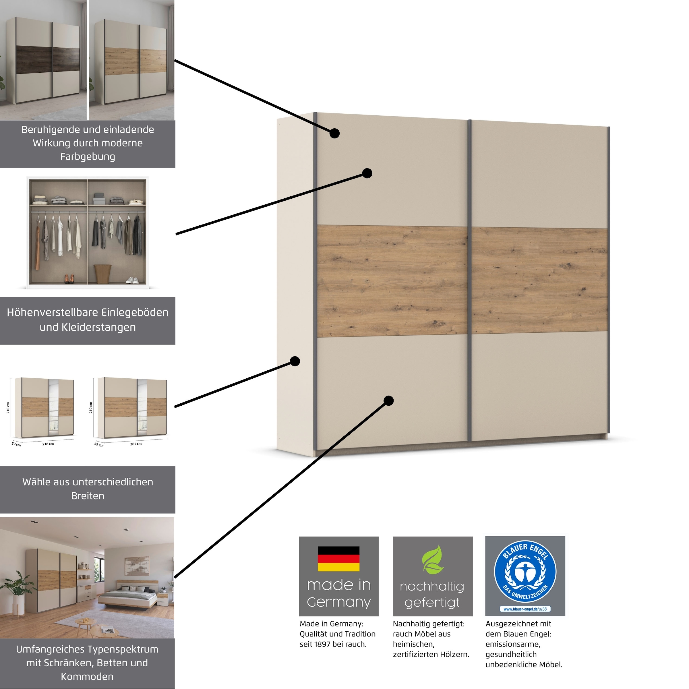 rauch Schwebetürenschrank »Kleiderschrank Schrank Garderobe Schlafzimmerschrank SAJO« in 2 Breiten (218, 261 cm) optional mit Spiegel MADE IN GERMANY
