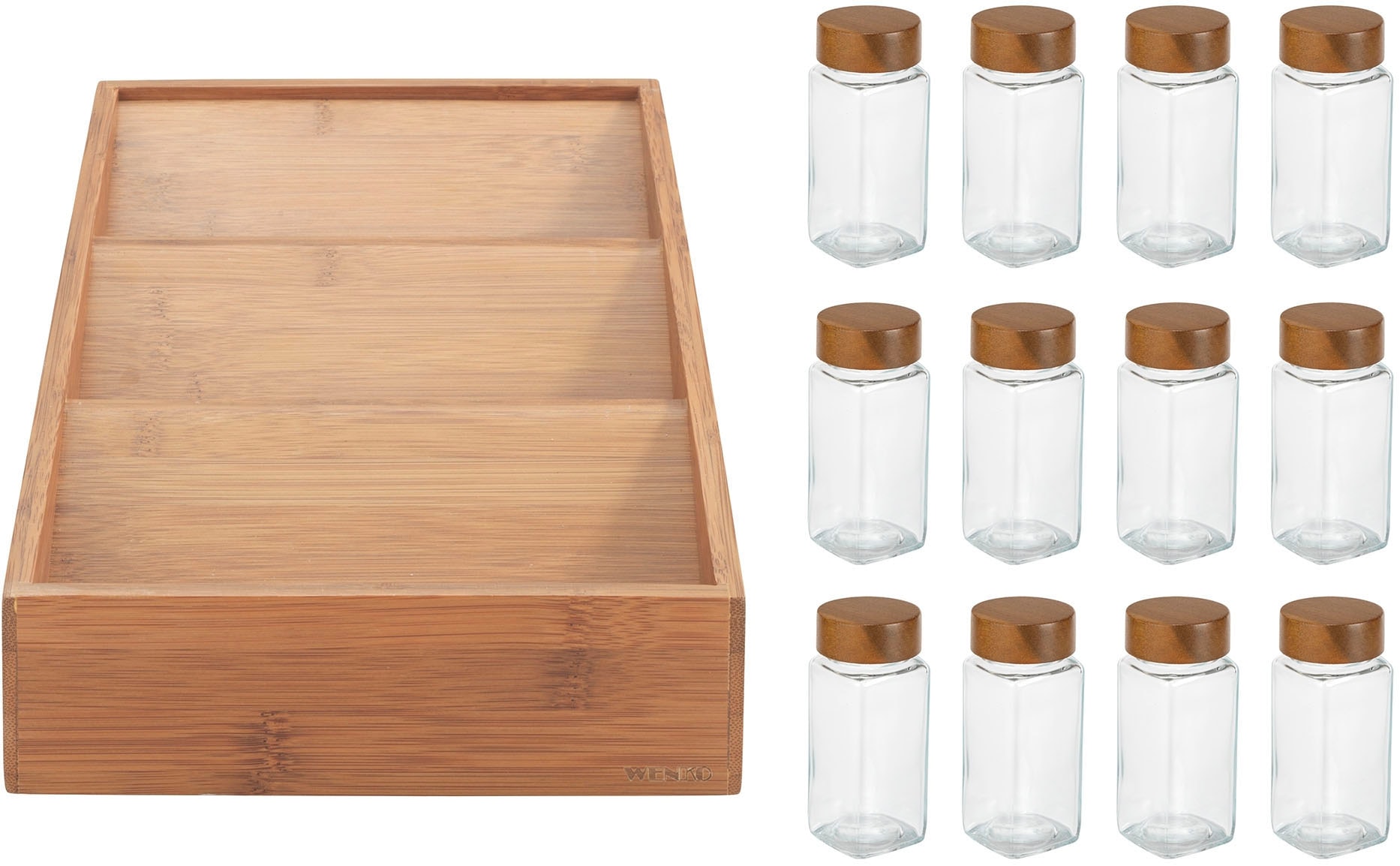 WENKO Gewürzregal »mit 12 Glas-Gewürzgläsern«, (Set, 13 St.), Regal aus Bambus, Glas-Gewürzstreuer mit Holzdeckel, FSC®-zertifiziert