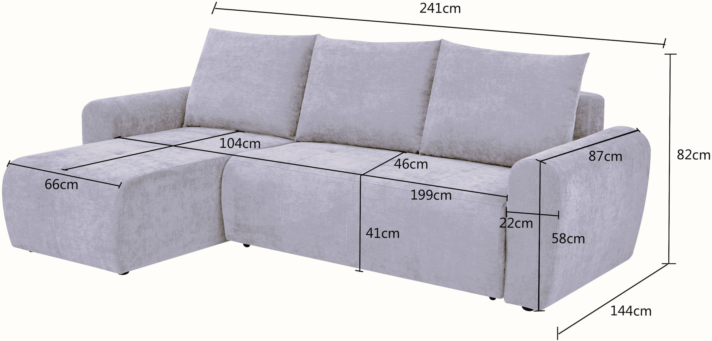 Home affaire Ecksofa »Nortrud-Chester, 241 cm, L-Form, mit Schlaffunktion u. Bettkasten« Recamiere rechts / links montierbar, Steppung, Feinstruktur-Bezug
