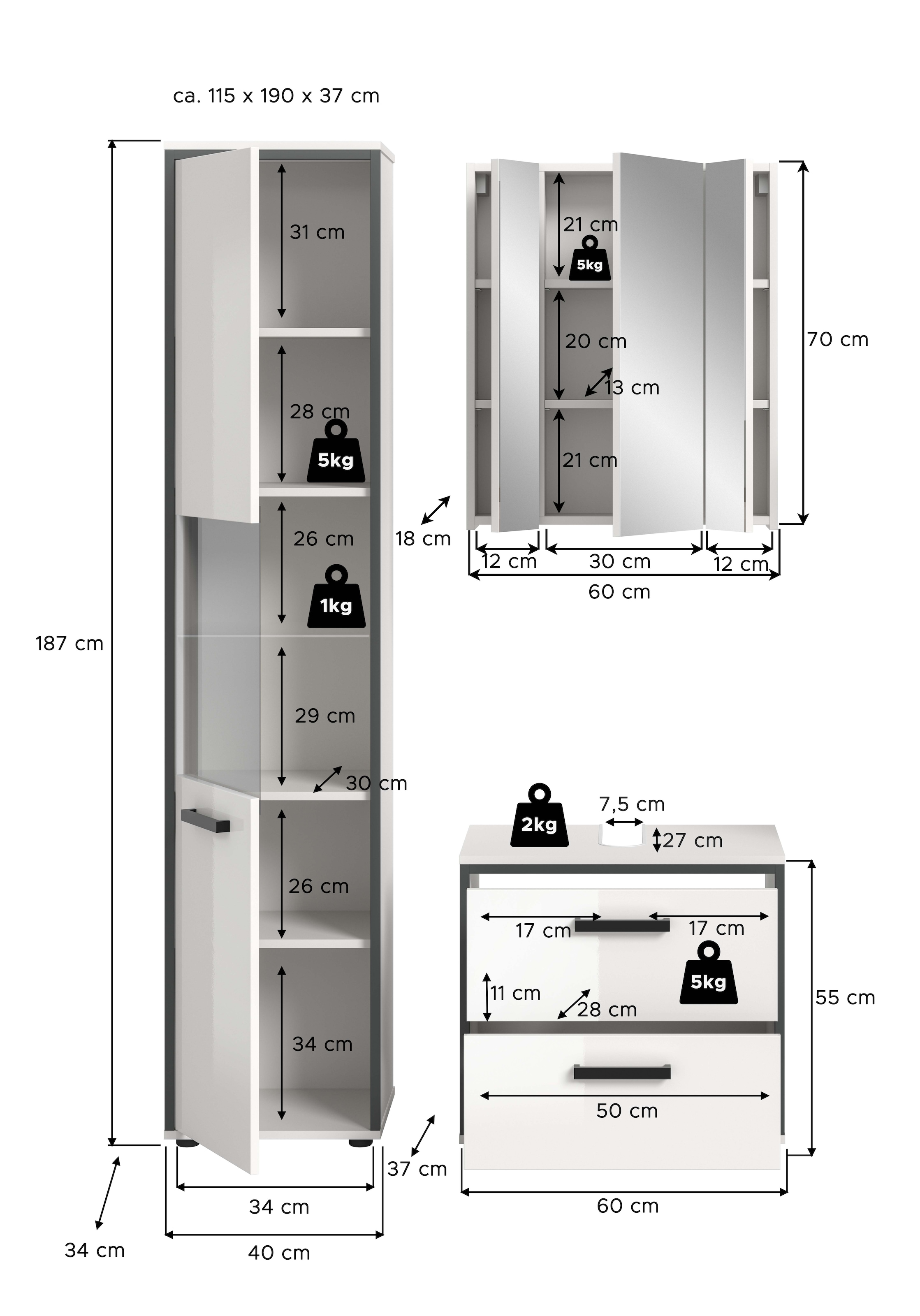 welltime Badmöbel-Set »KAJO, 3-tlg. Badkombination, weiß hochglanz« Set, Set, best. aus:1Hochschrank,1Spiegelschrank,1Waschbeckenunterschrank, 3 Stk. tlg.