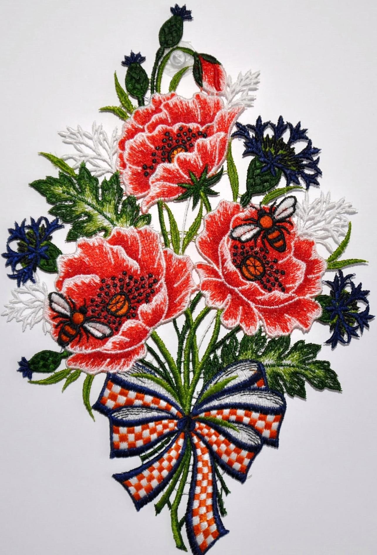 Stickereien Plauen Fensterbild in rot, Größe B/L: 18 cm x 34 cm