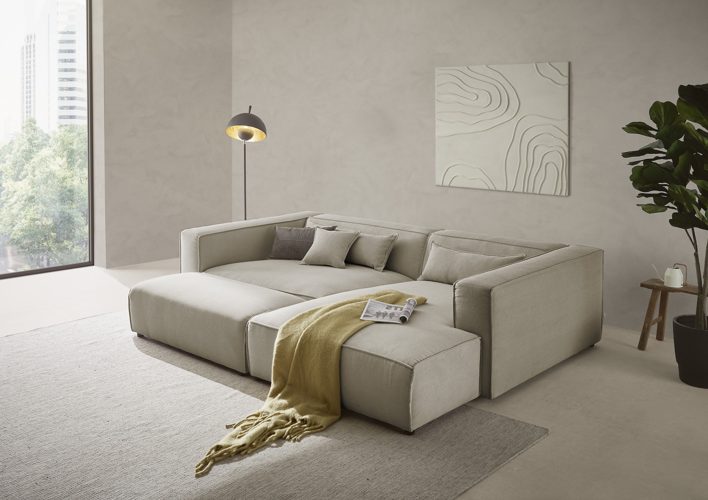 LeGer Home by Lena Gercke Polsterecke »PIARA XXL, L-Form mit Schlaffunktion, Big-Sofa in Cord o. Leinenoptik«, Hocker stellbar zum Schlafsofa (Krokodilverbinder), tiefe Sitzfläche