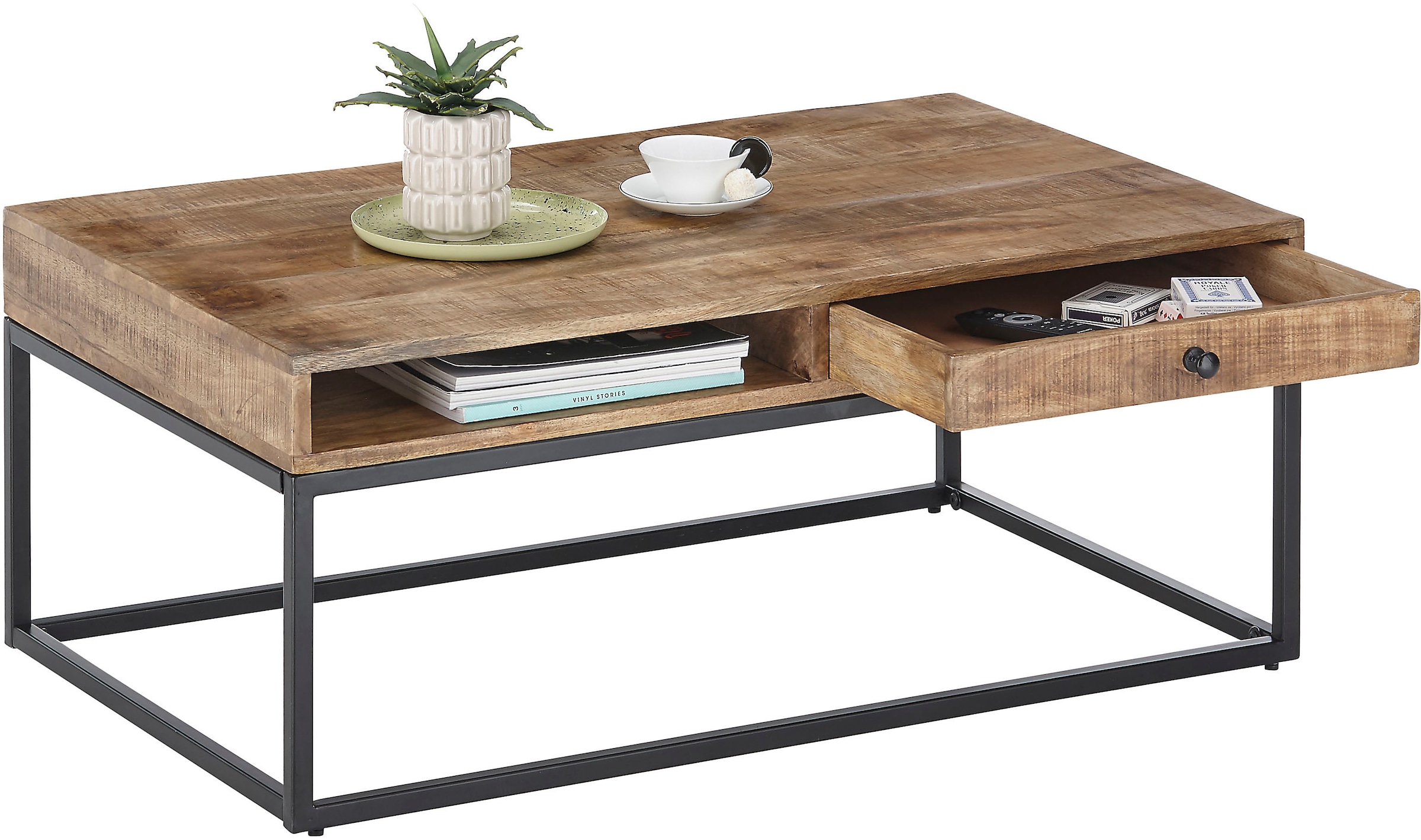 Stolkom Couchtisch »ALISON«, Massivholz mit Schublade, Tisch im Industrial Style