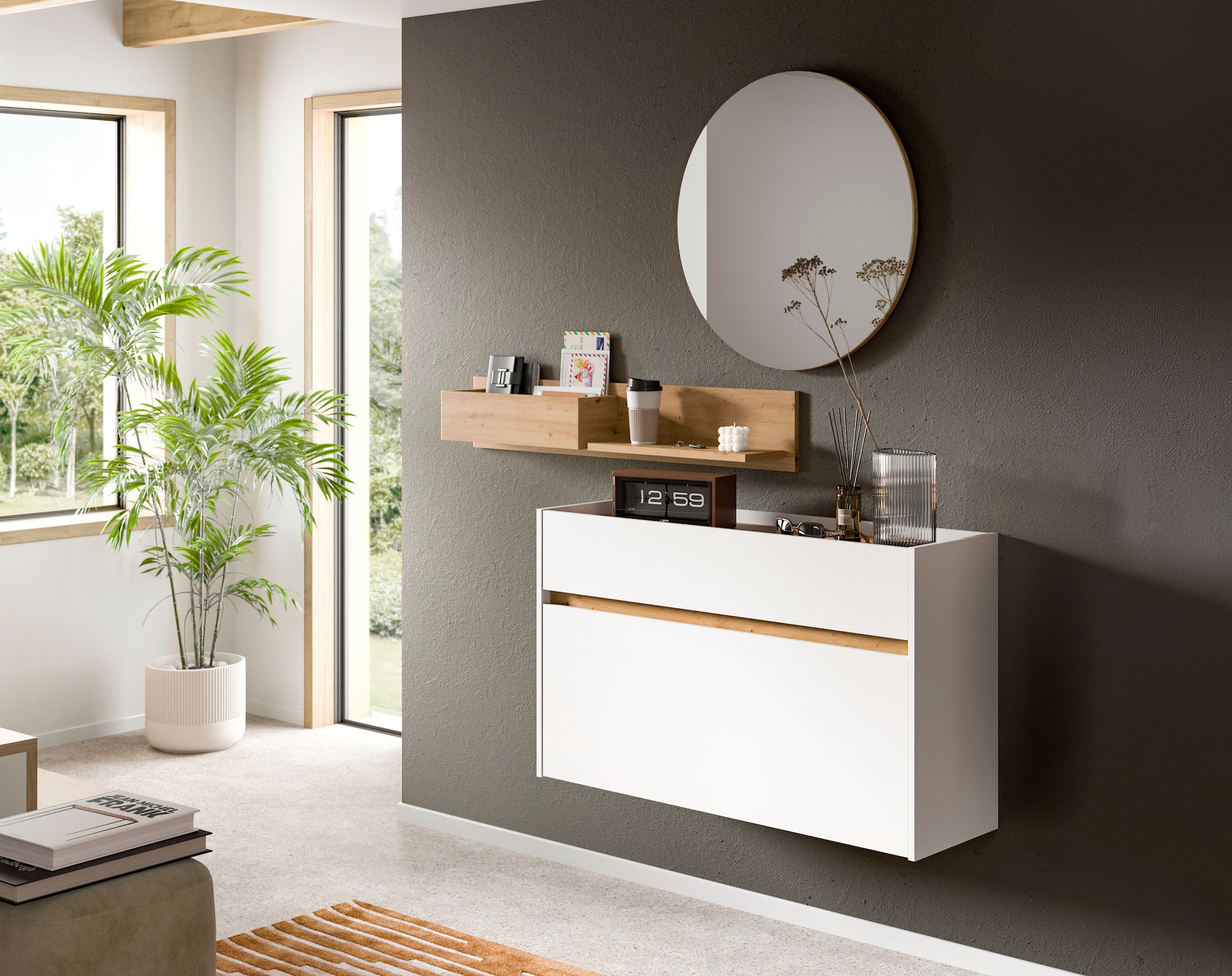 INOSIGN Garderoben-Set »EVRID, 3-teilig, Breite 140 cm, individuell hängbar & erweiterbar« best. aus: Kommode, Wandboard & Spiegel, 3 Stk. tlg. Garderobenkombination, Garderobe, Wandgarderobe, Flur, Diele