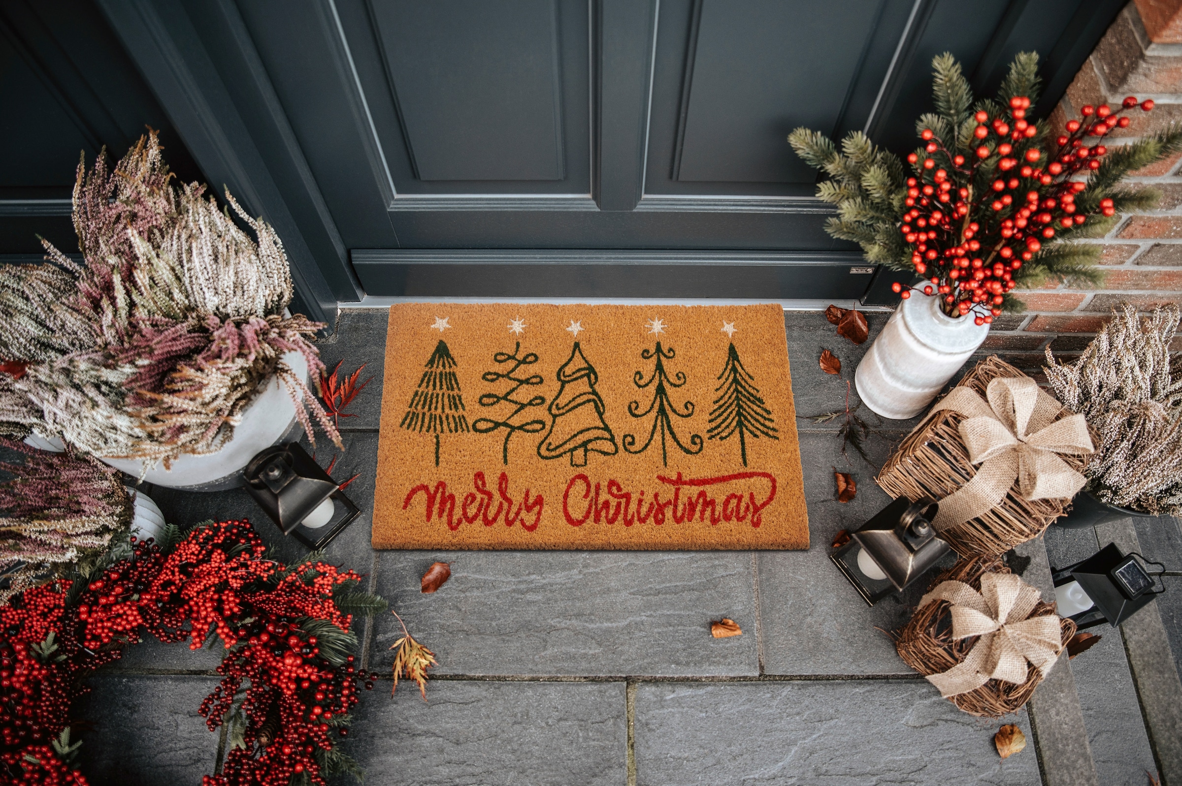 HANSE Home Fußmatte »Kokos Five Christmas Trees, Türmatte«, rechteckig, 15 mm Höhe, Schmutzfangmatte, Rutschfest, Outdoor, Weihnachten, Kokosmatte, Flur