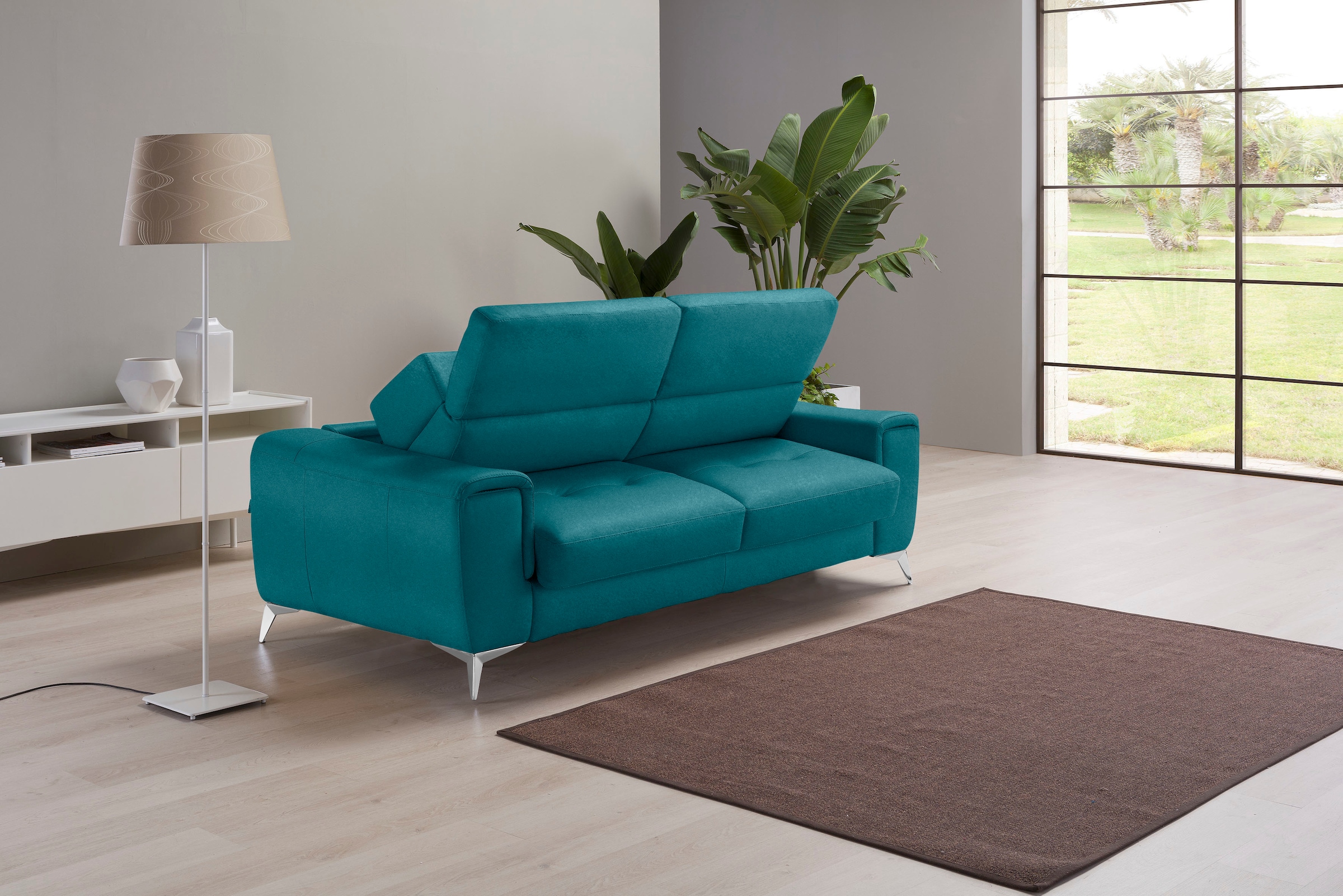 Egoitaliano Schlafsofa »Francine Designsofa, Loungesofa mit Dauerschlaffunktion, Breite 233 cm«, mit Bettfunktion, Luxus-Microfaser BLUSH, teal, Fußfarbe chrom