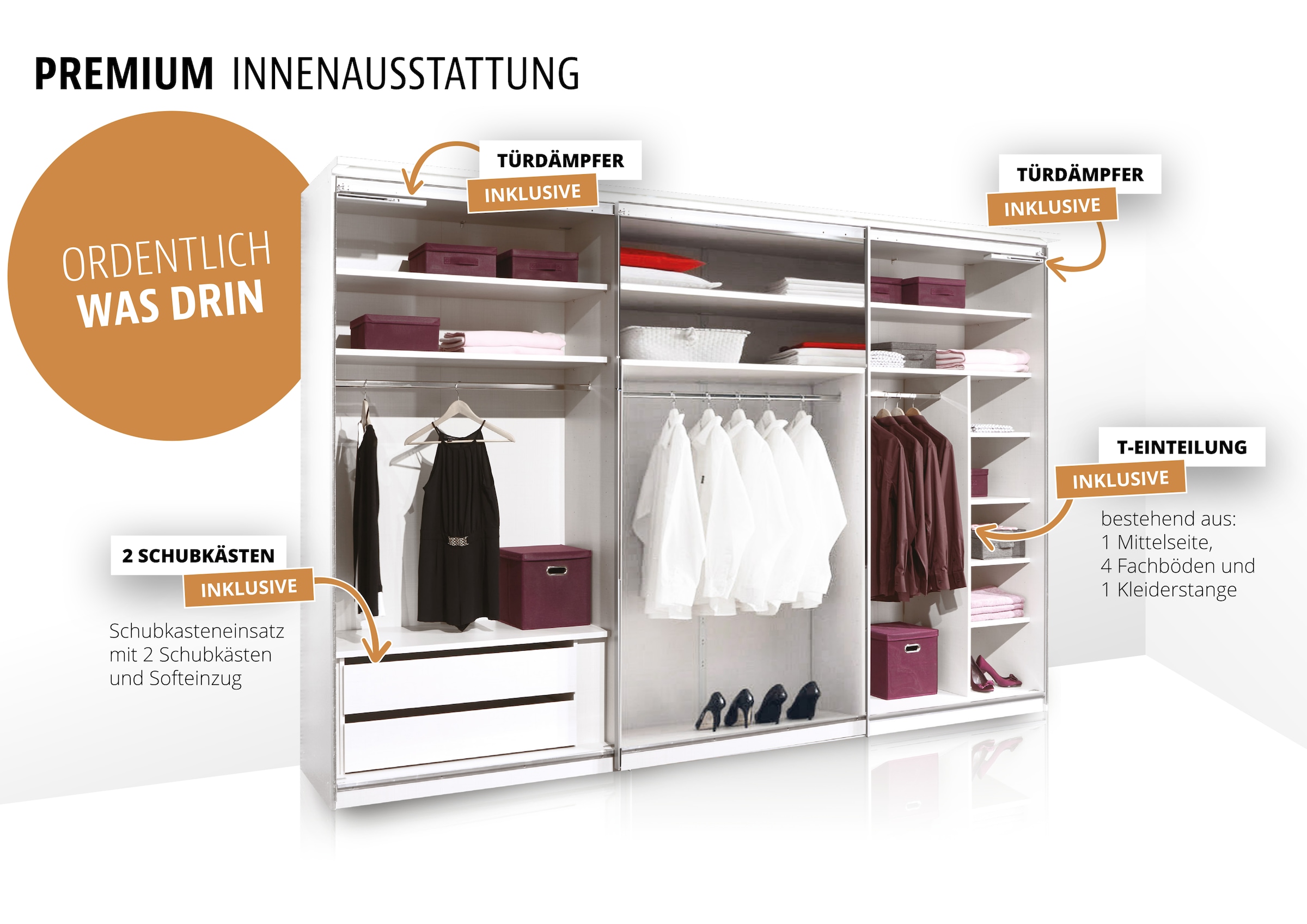 STAUD Schwebetürenschrank »Includo, kurze Lieferzeit: "Premium Variante in Weiß in 249cm Breite"«