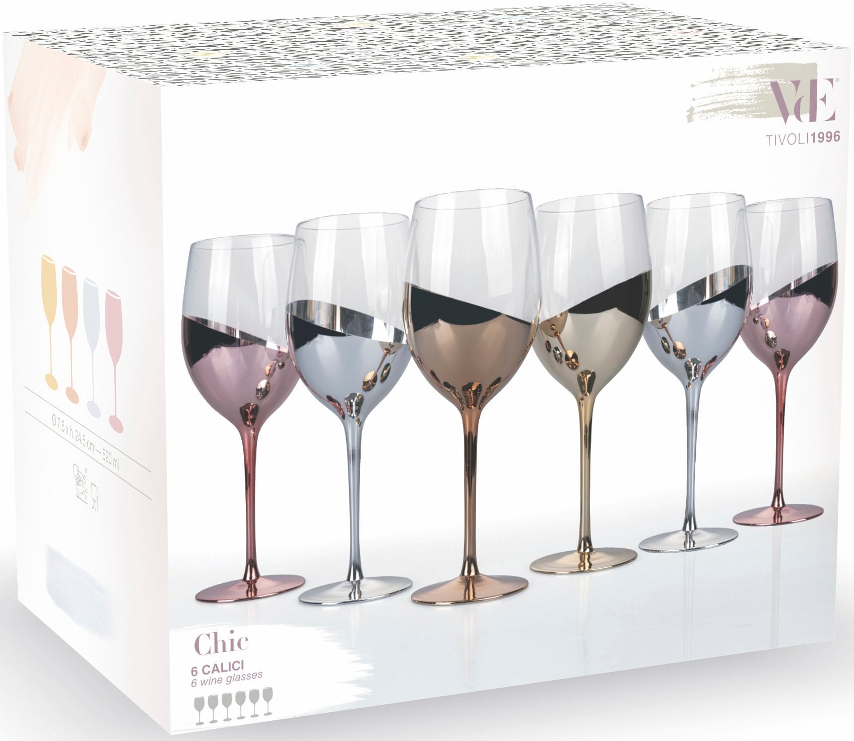 Villa d'Este Weinglas »Chic silber«, (Set, 6 tlg.), Gläser-Set, 6-teilig, Inhalt 520 ml