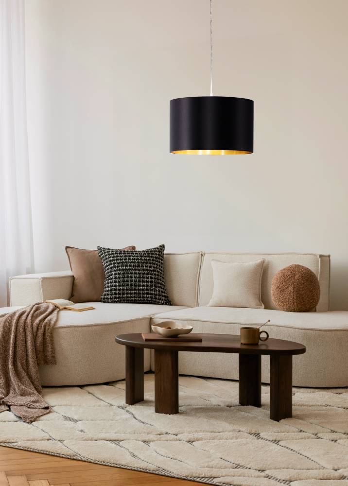EGLO Hängeleuchte »MASERLO Hängelampe, schwarz, gold, silber, Stoff, elegant, modern«, 1 flammig, Leuchtmittel E27 | Leuchtmittel wechselbar-ohne Leuchtmittel, Pendelleuchte, Pendellampe, Wohnzimmer, Esszimmer, gemütlich, 110x38cm