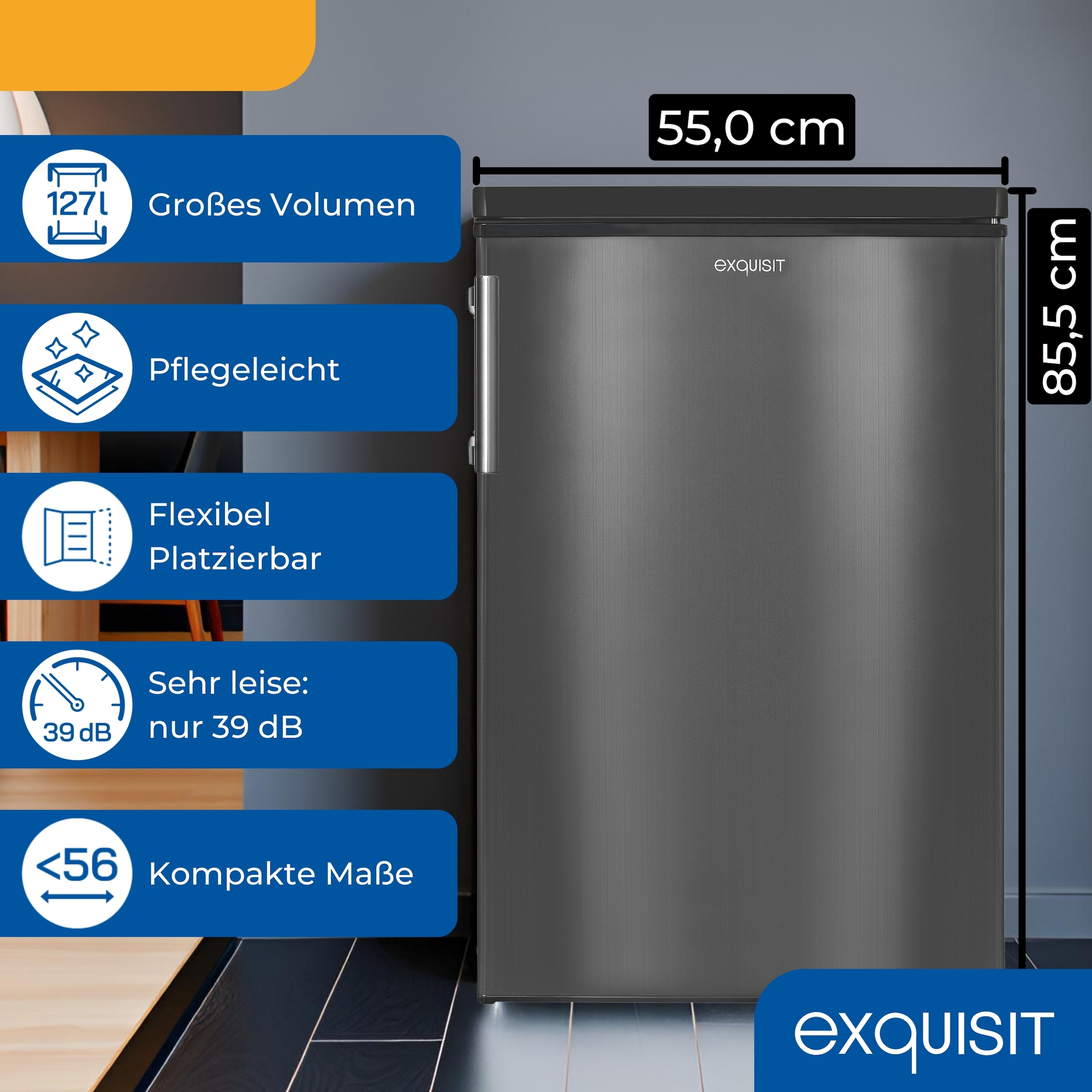 exquisit Kühlschrank KS16-V-H-040E inoxlook-az »KS16-V-H-040E inoxlook-az« 85,5 cm hoch 55 cm breit Kompakt & flexibel – ideal für Küche, Büro & Ferienwohnung