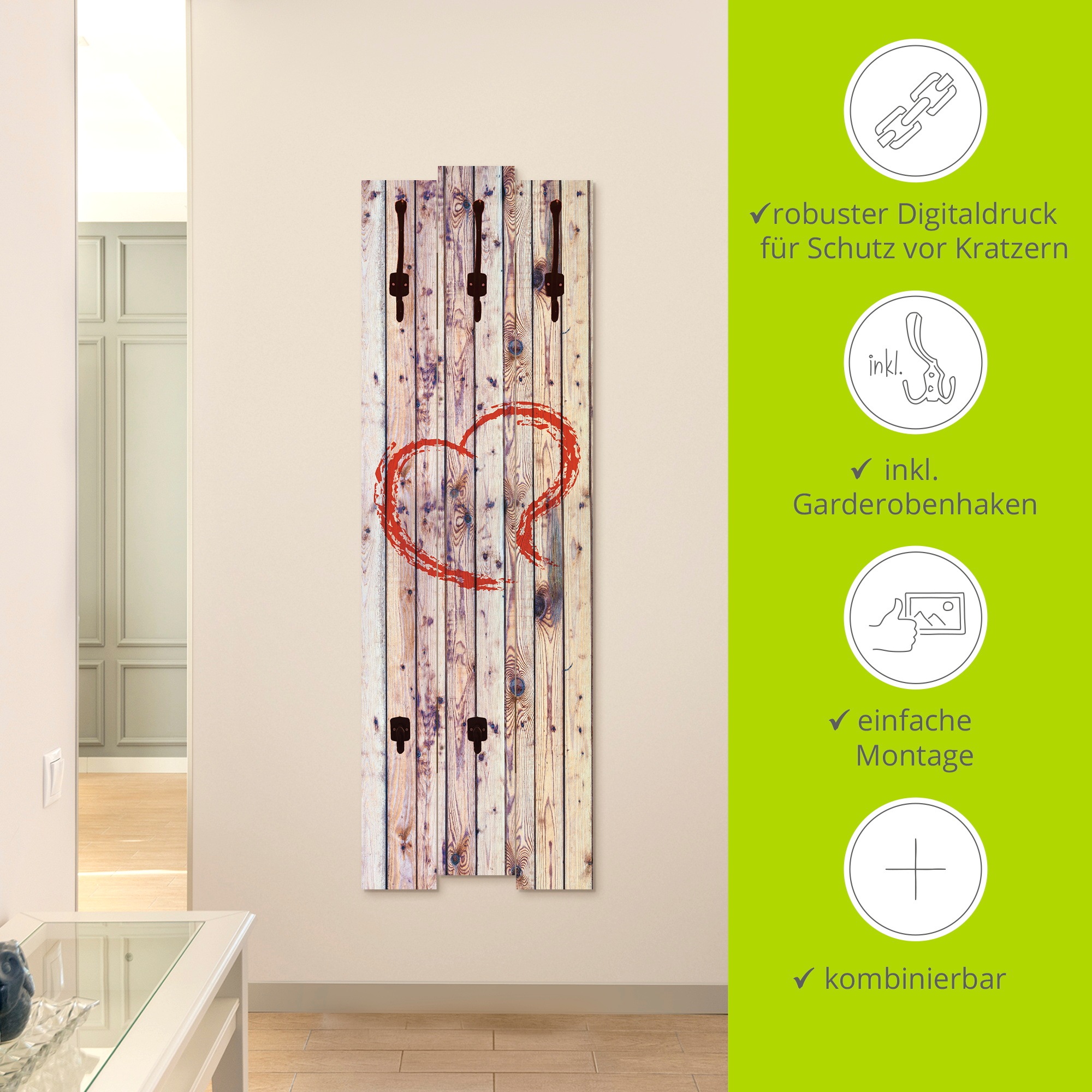 Artland Garderobenleiste »Vintage Hintergrund Holzwand mit Herz«, teilmontiert