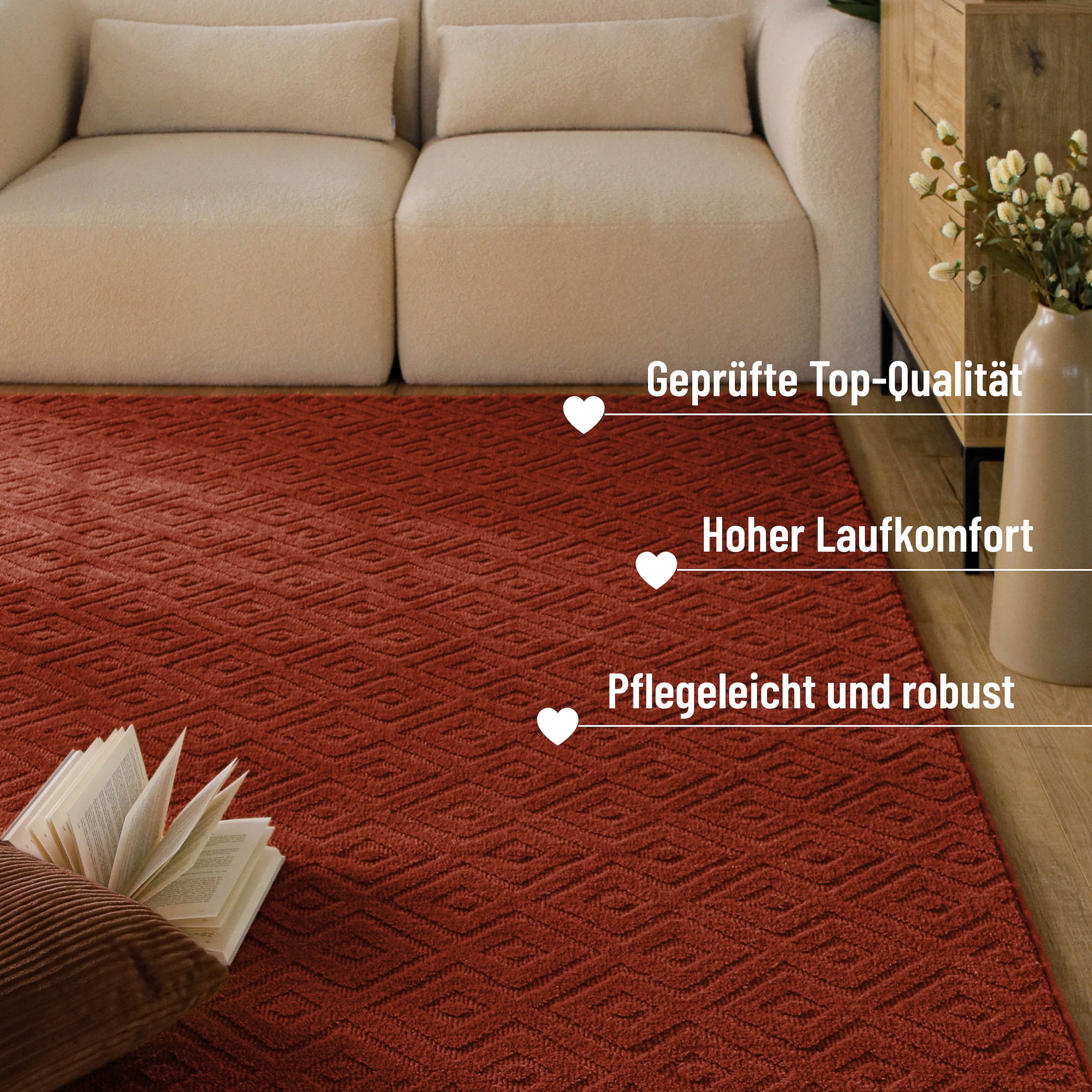 Wecon home Teppich »Castello TWO« rechteckig 7 mm Höhe Schurwolle, Kurzflor mit Hoch-Tief-Effekt, Wohnzimmer, Rautenmuster