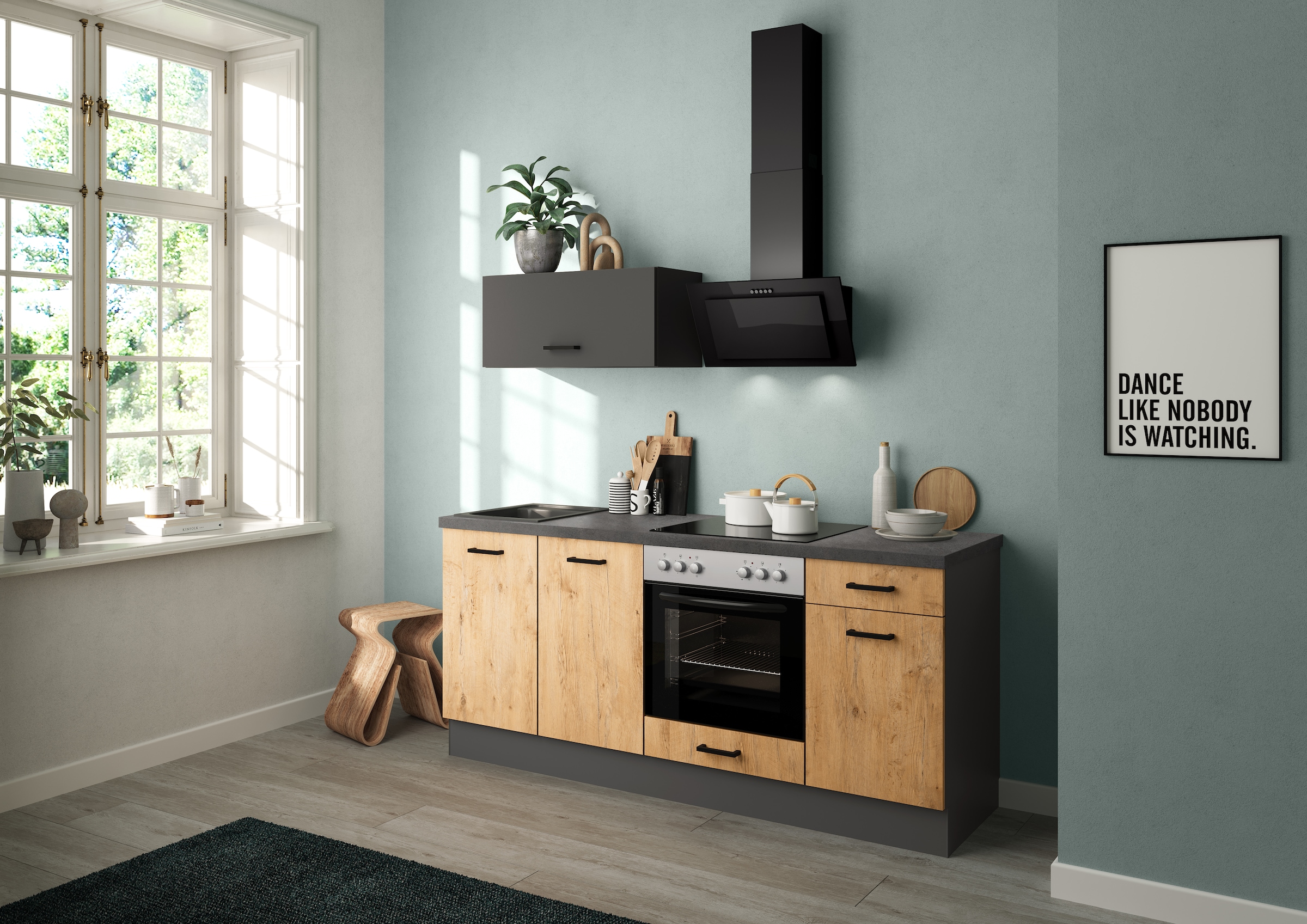 IMPULS KÜCHEN Küchenzeile »"Lissabon", Ausrichtung wählbar, Schubkästen mit Soft-Close,«, (Set), vormontiert, wahlweise mit E-Geräten, mit Vollauszug, Breite 195 cm
