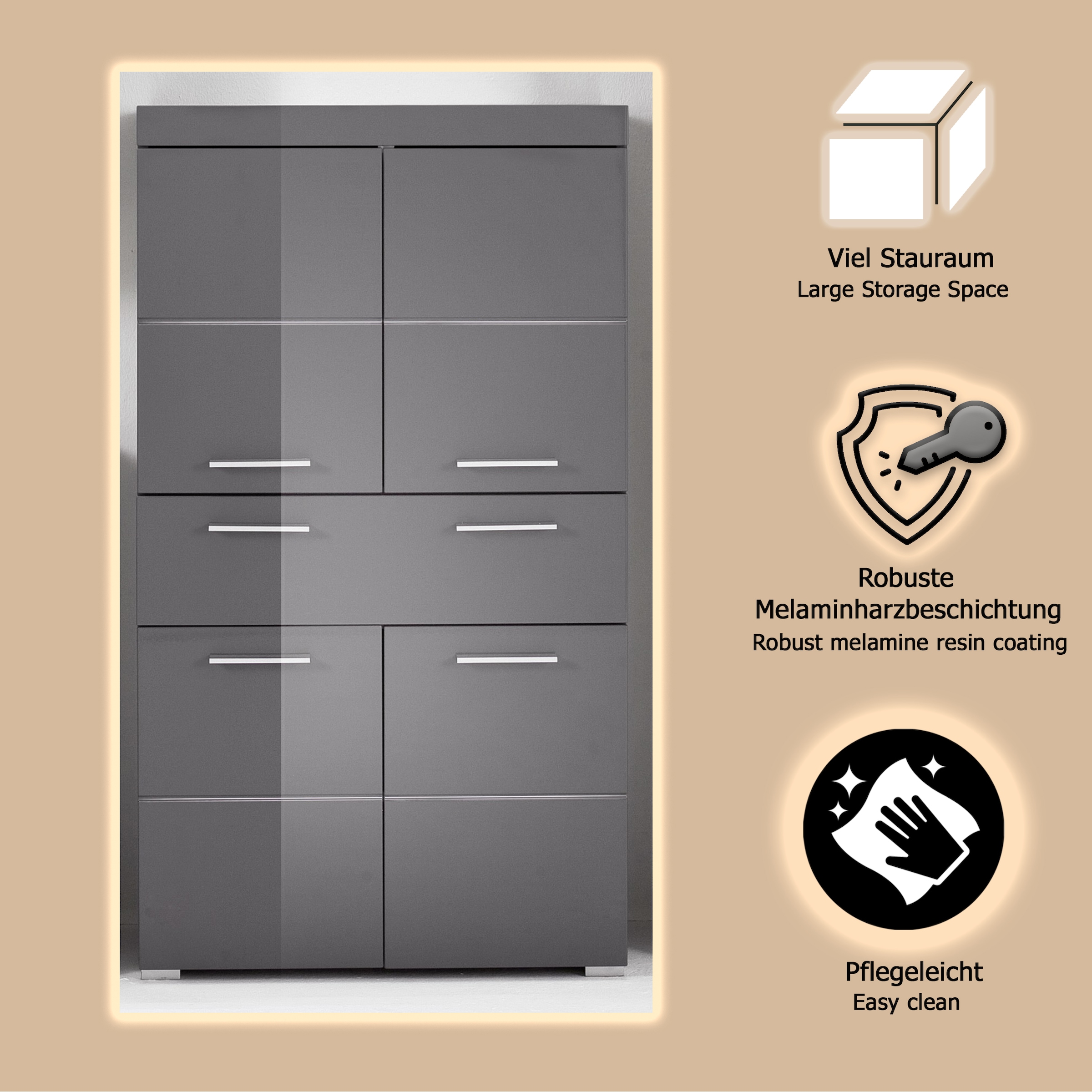 welltime Midischrank »Avena«, Standschrank mit 4 Türen, 1 Schublade - (B/T/H) 73/31/130 cm