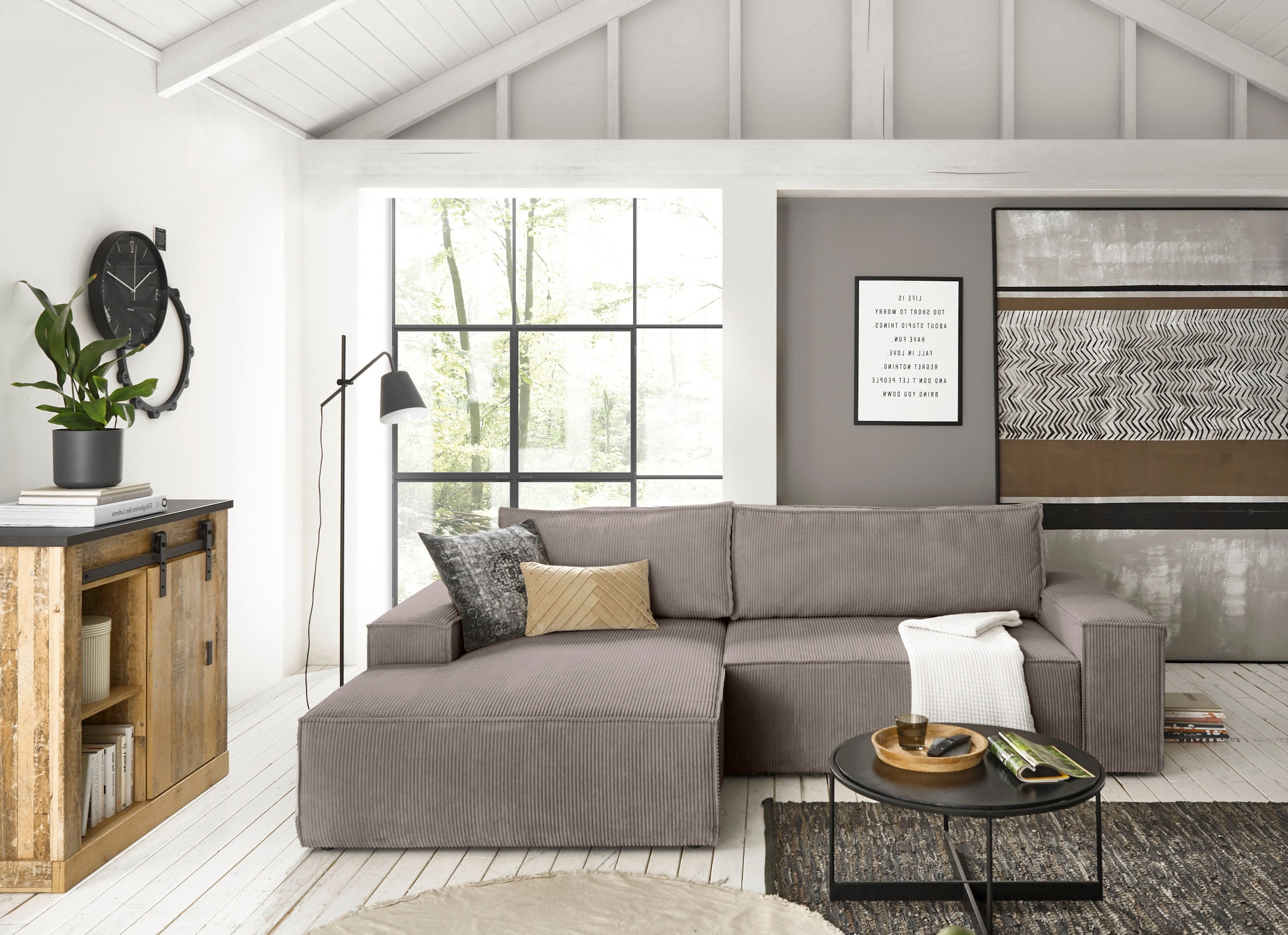 Home affaire Ecksofa »SHERWOOD Schlafsofa 267 cm, L-Form,«, Schlaffunktion mit Bettkasten (210x136 cm), Cord, Vintage, Samtvelours