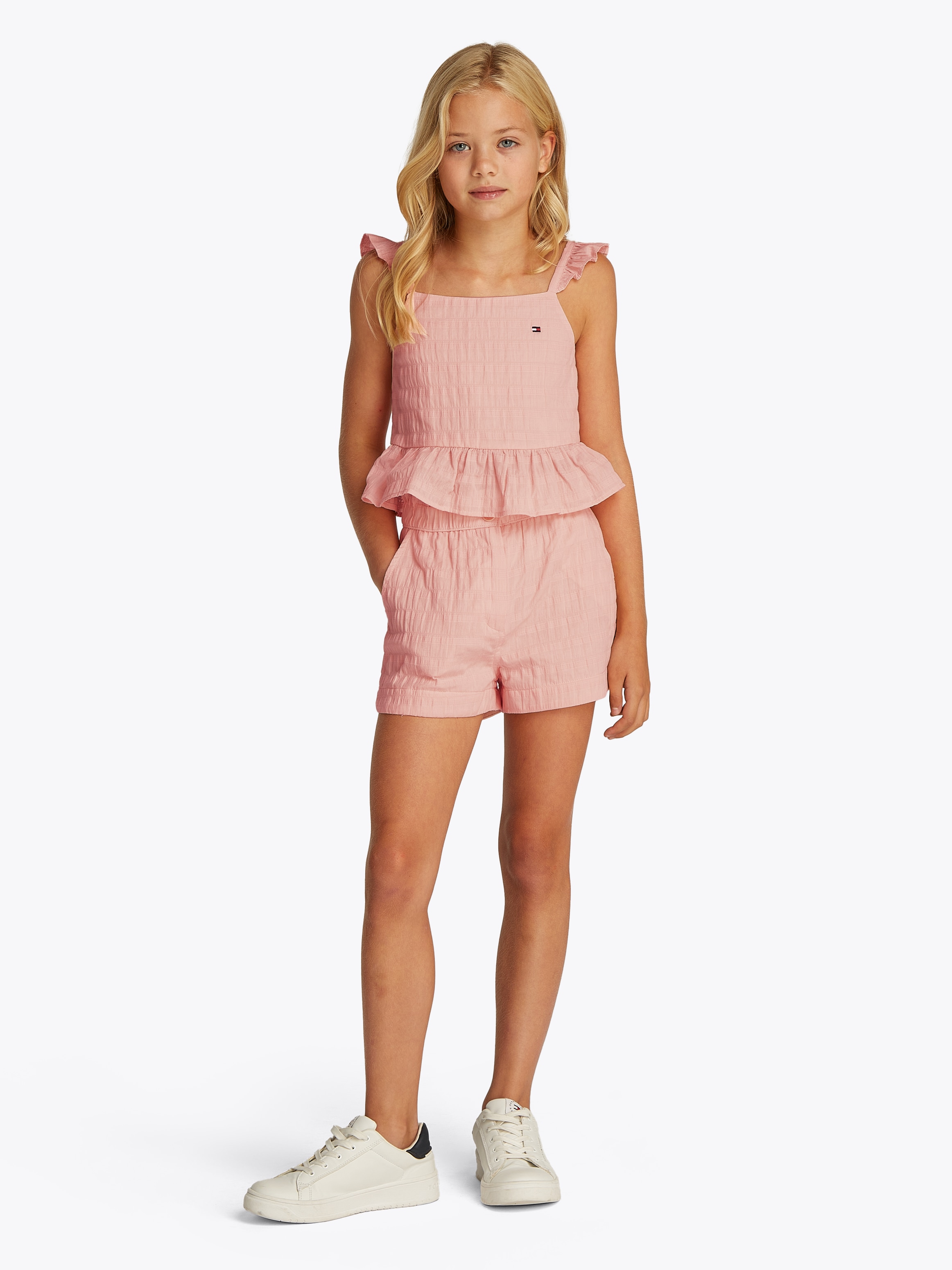 Tommy Hilfiger Shorts »TEXTURED COTTON SHORT«, mit Rüschen, mit Logostickerei, mit Struktur