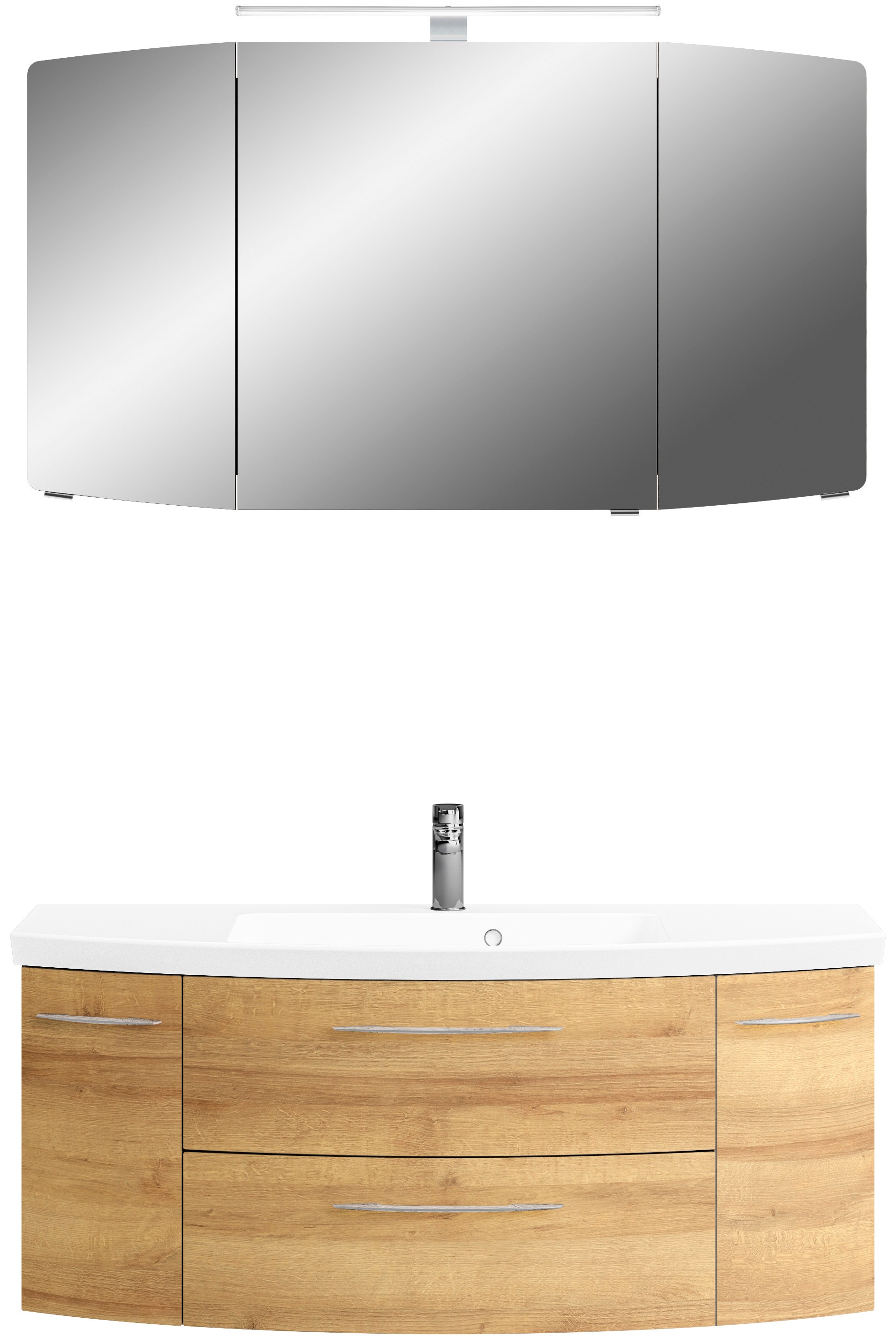 Saphir Badmöbel-Set »Cassca Sprint 2-teilig Mineralmarmor-Waschtisch mit LED-Spiegelschrank«, (2 St.), Waschplatz 121 cm breit mit 5 Türen, 2 Schubladen, inkl. Türdämpfer