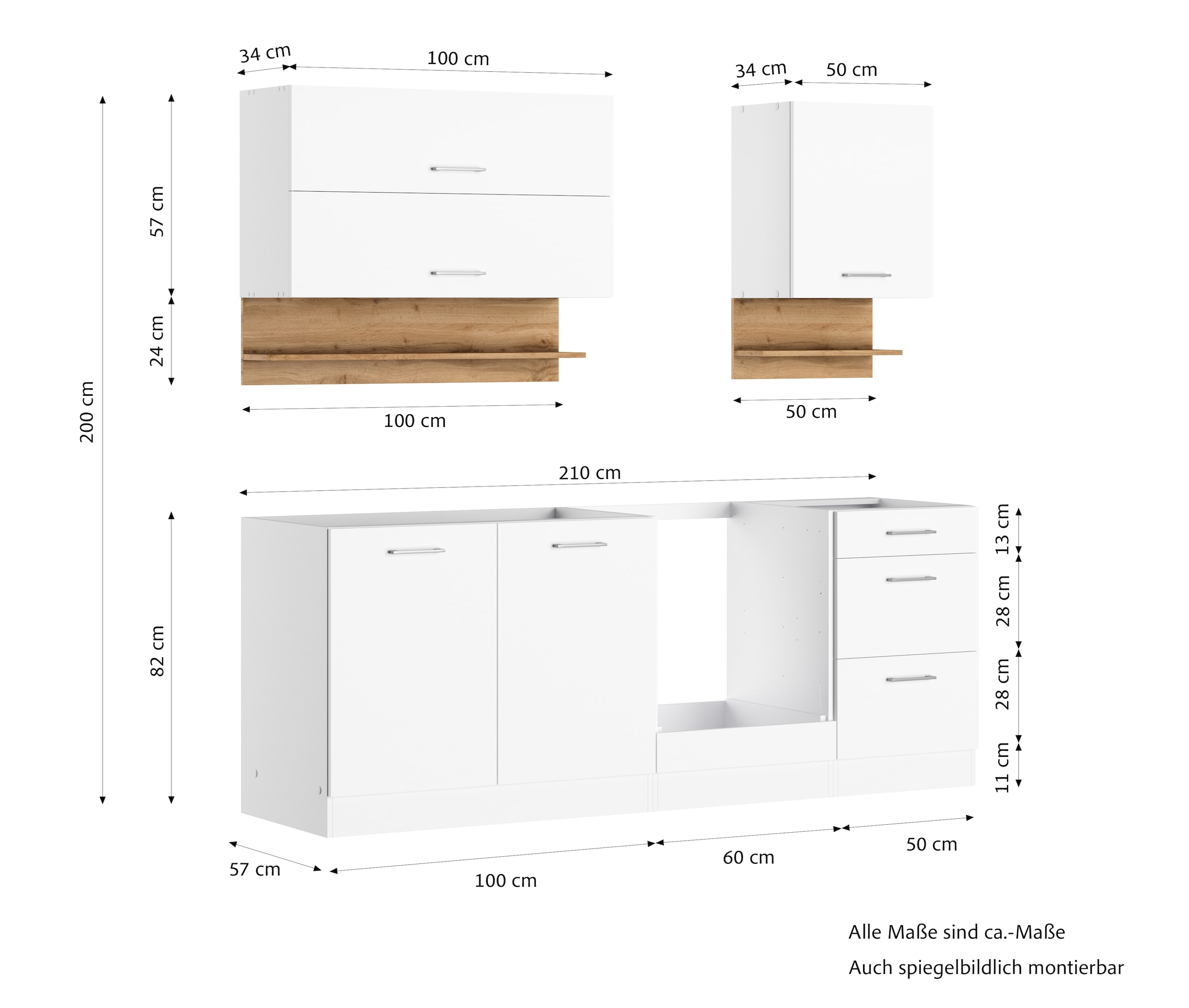 KOCHSTATION Küchenzeile »KS-Milan«, 210 cm breit, robuste Metallauszüge, viel Stauraum