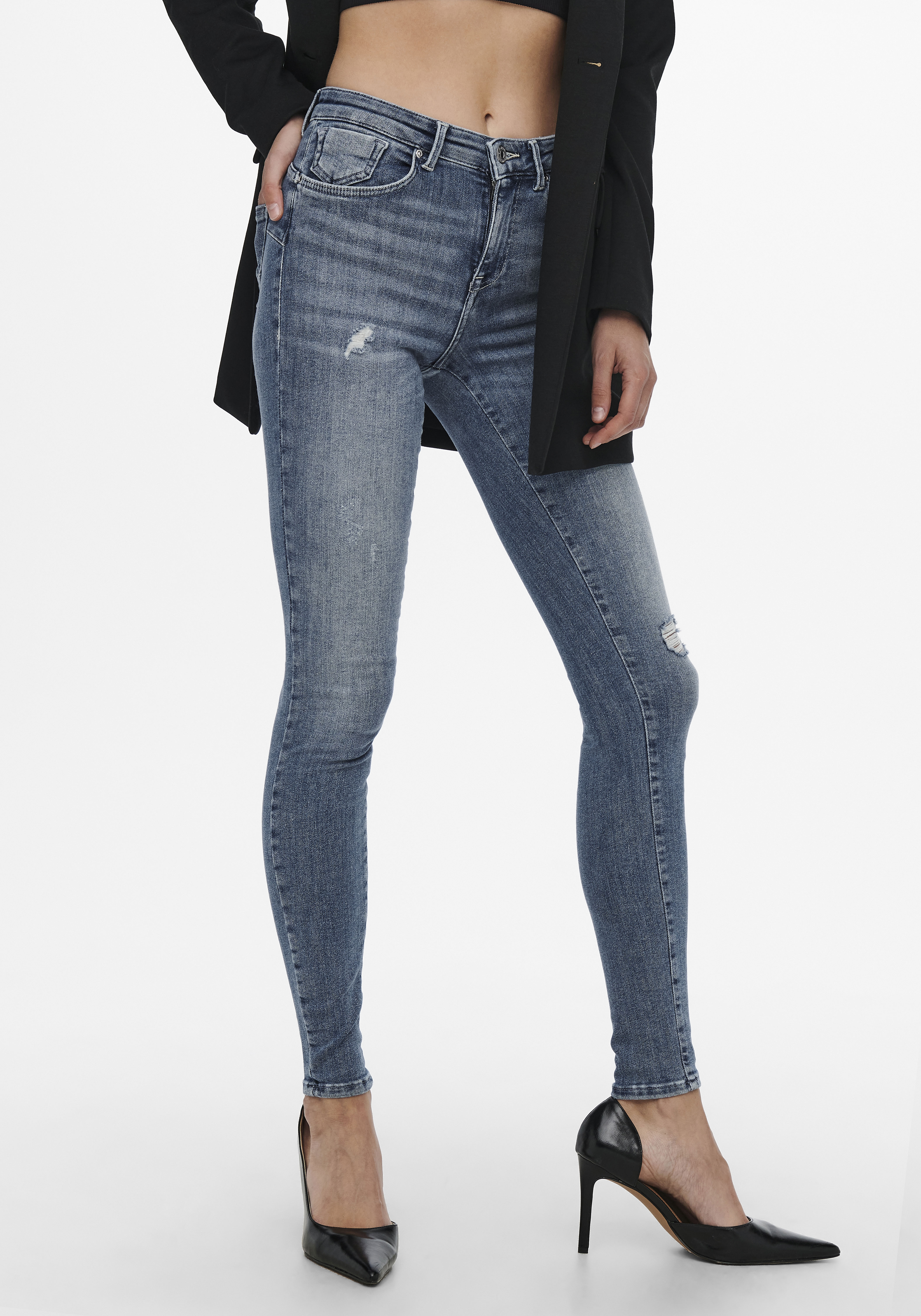 Only Damen Skinny-fit-Jeans »ONLPOWER LIFE MID PUSH« mit Destroyed-Details in blau, Größe XL (42)